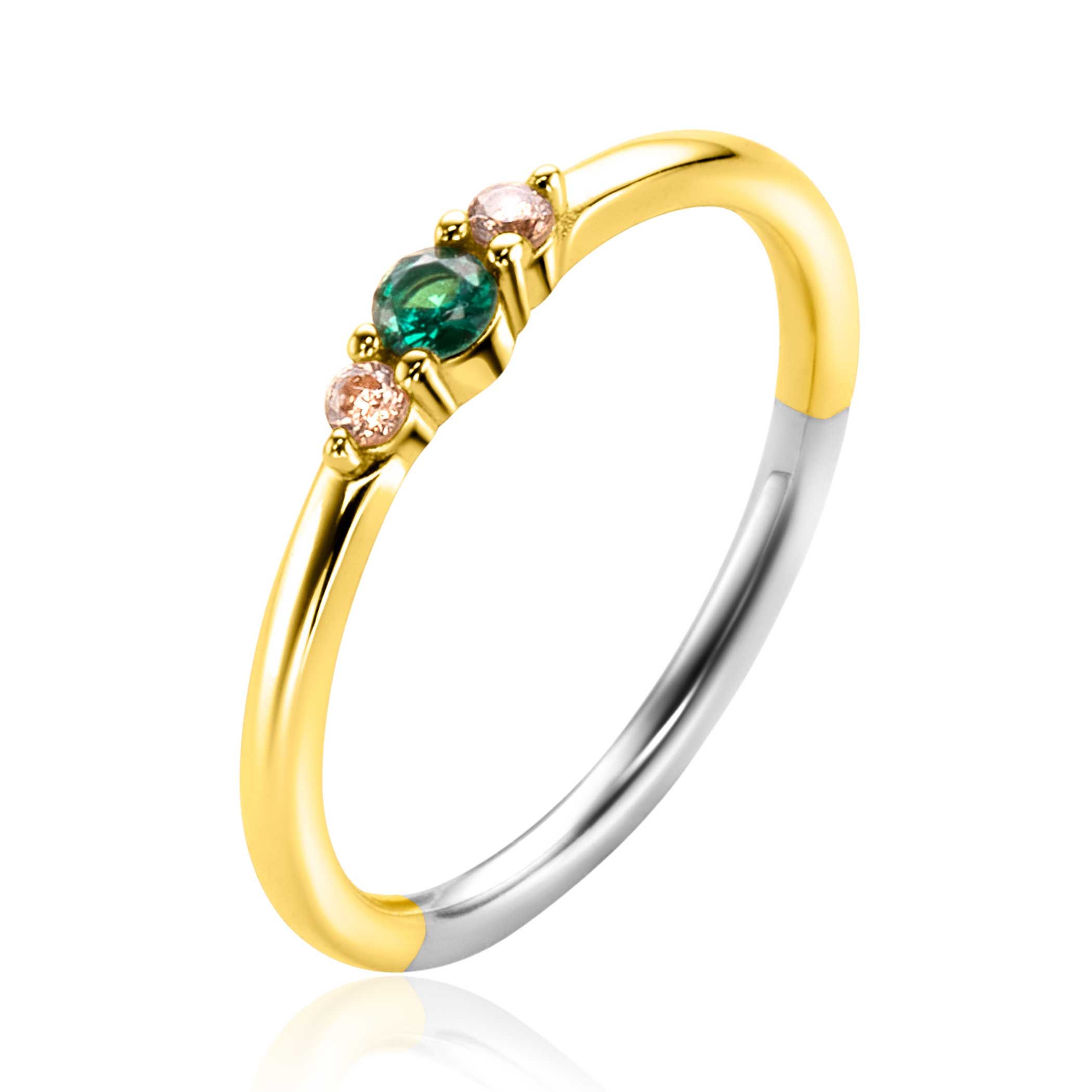 ZINZI zlv. ring gg.verg. groen en champ.zirc. mt.60