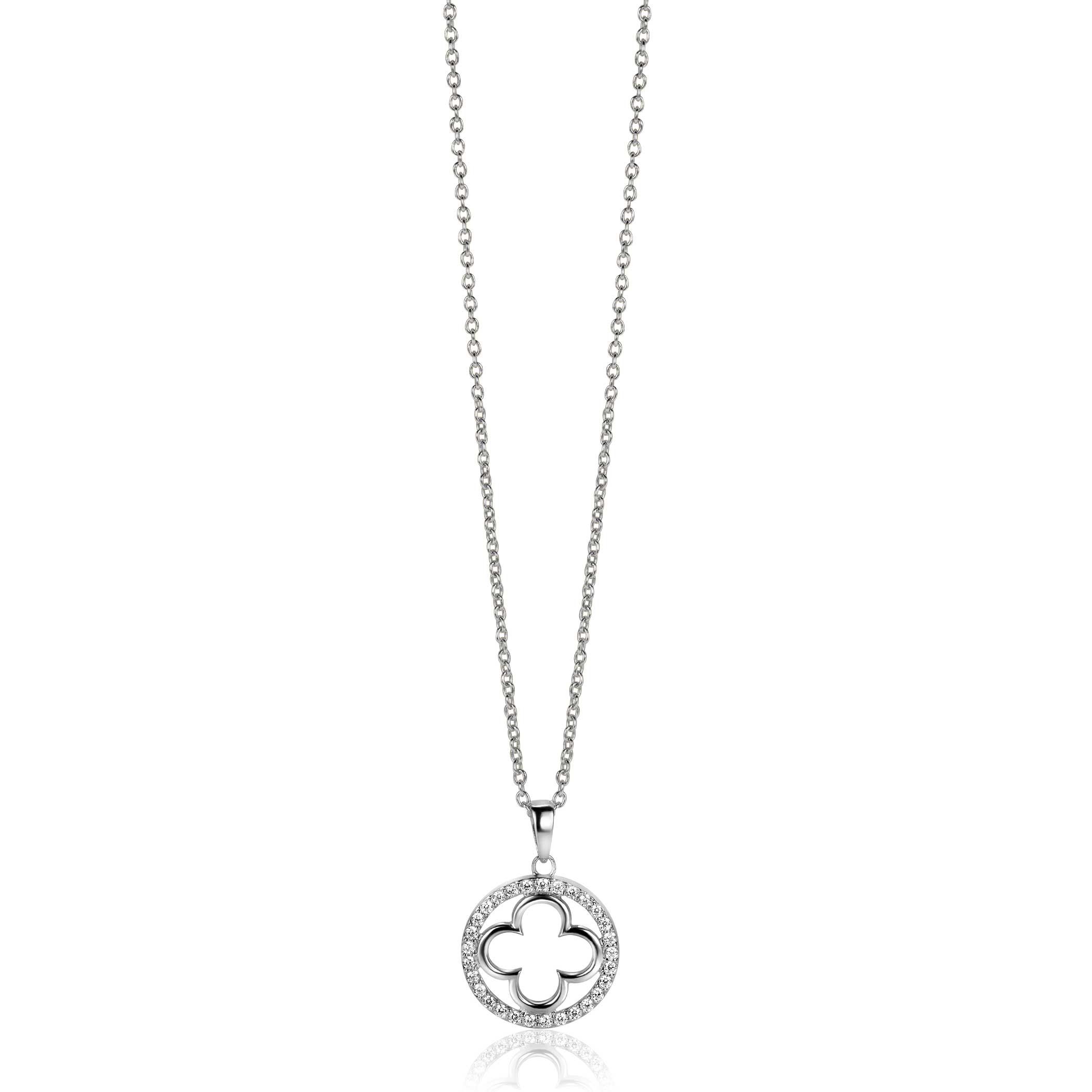 ZINZI Silber Kette mit luxuriösem Kleeblattanhänger (15 mm) rundum besetzt mit weißen Zirkonia, 45-48 cm ZIC2617