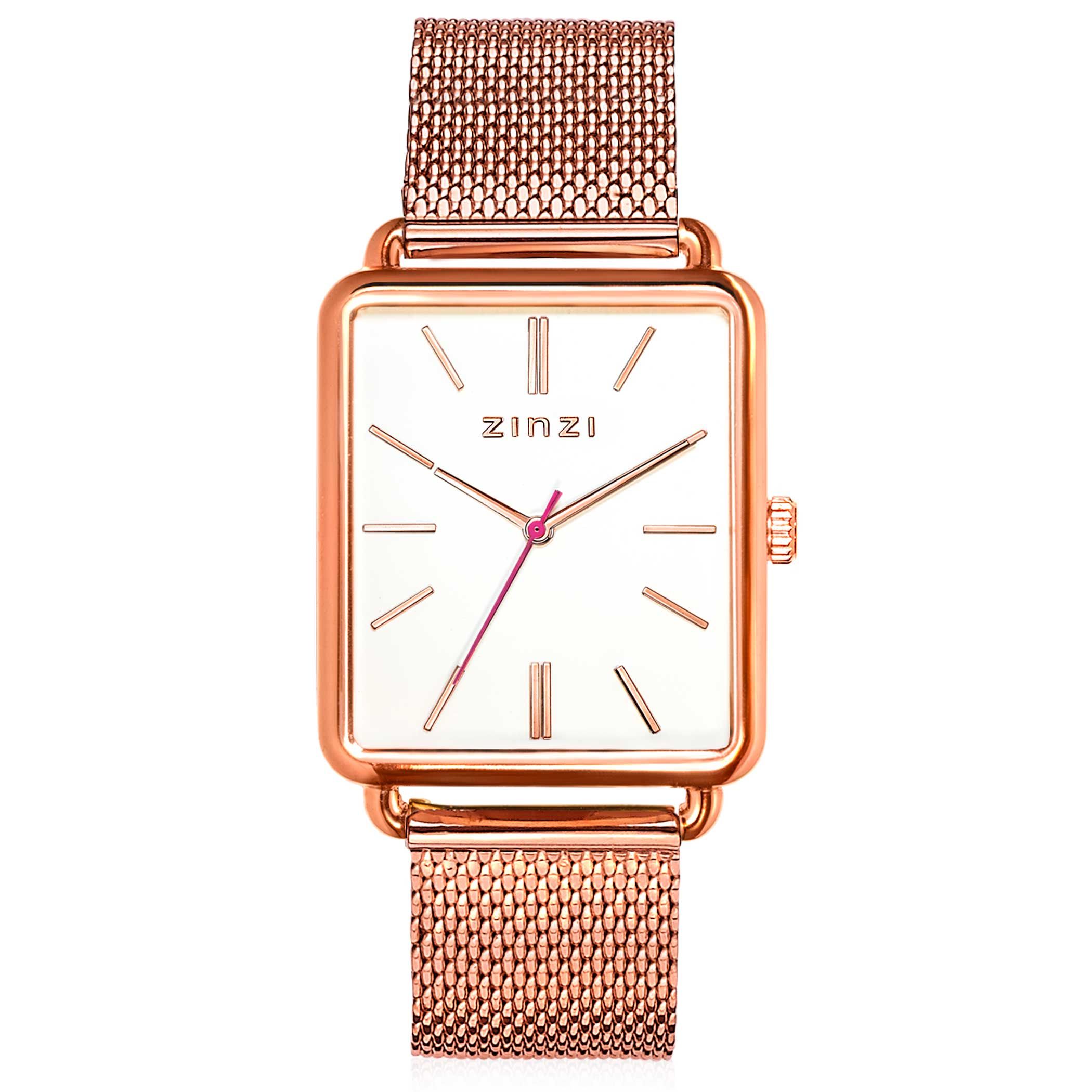ZINZI Vintage Retro Uhr  weißes Zifferblatt und rechteckiges roségoldfarbenes Gehäuse Stahlgitterband 34mm extra dünn ZIW908M