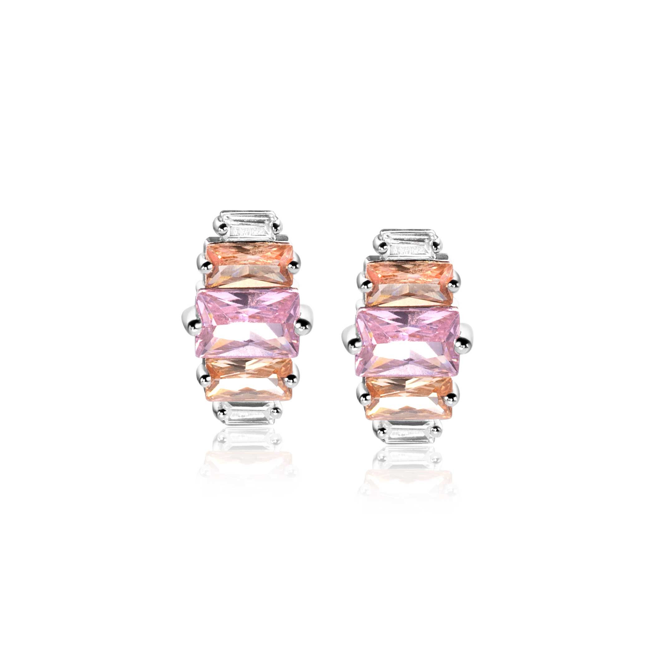 ZINZI zlv. oorknopjes baquette roze/champ/wit zirc.