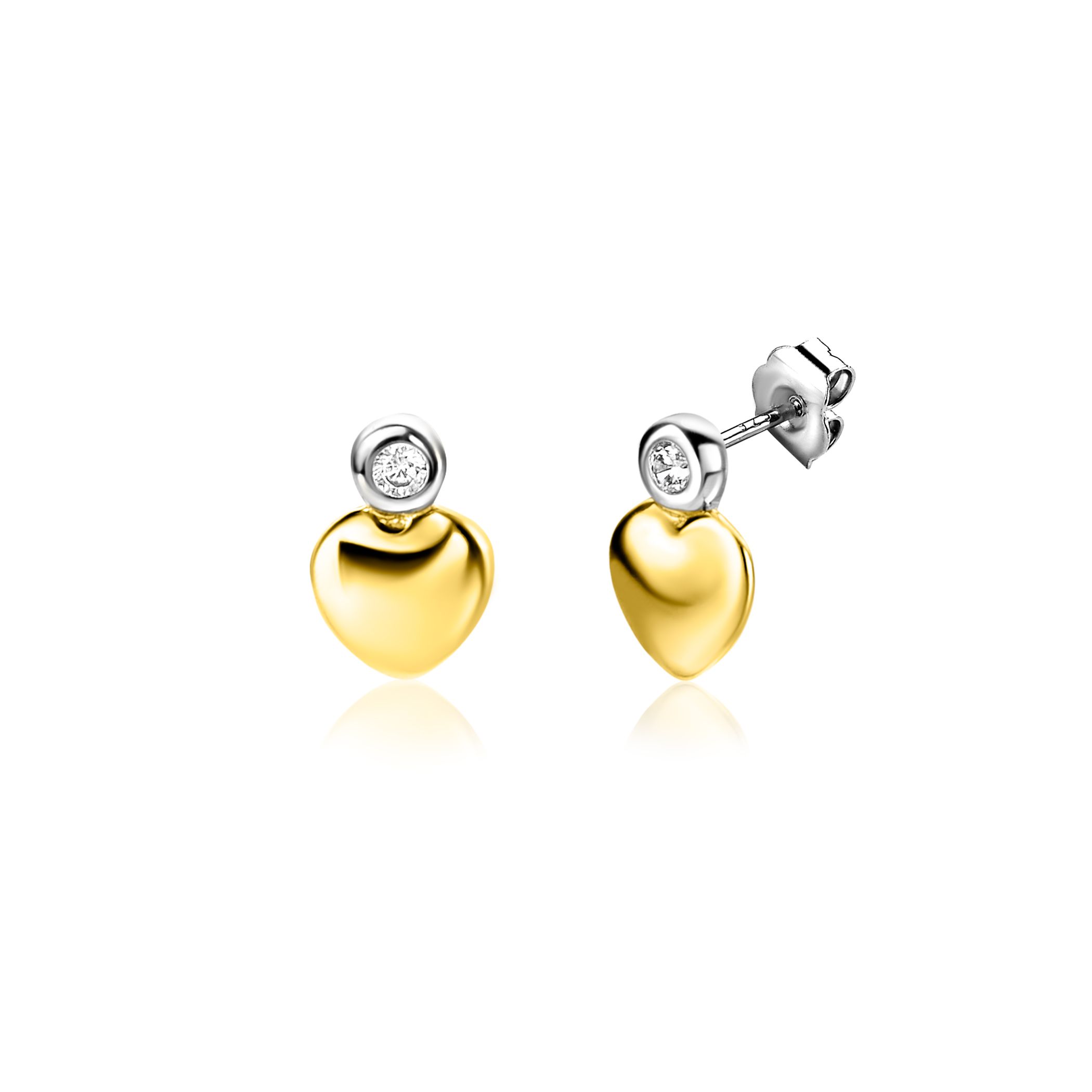 ZINZI zlv. oorknopjes bicolor hart met zirconia