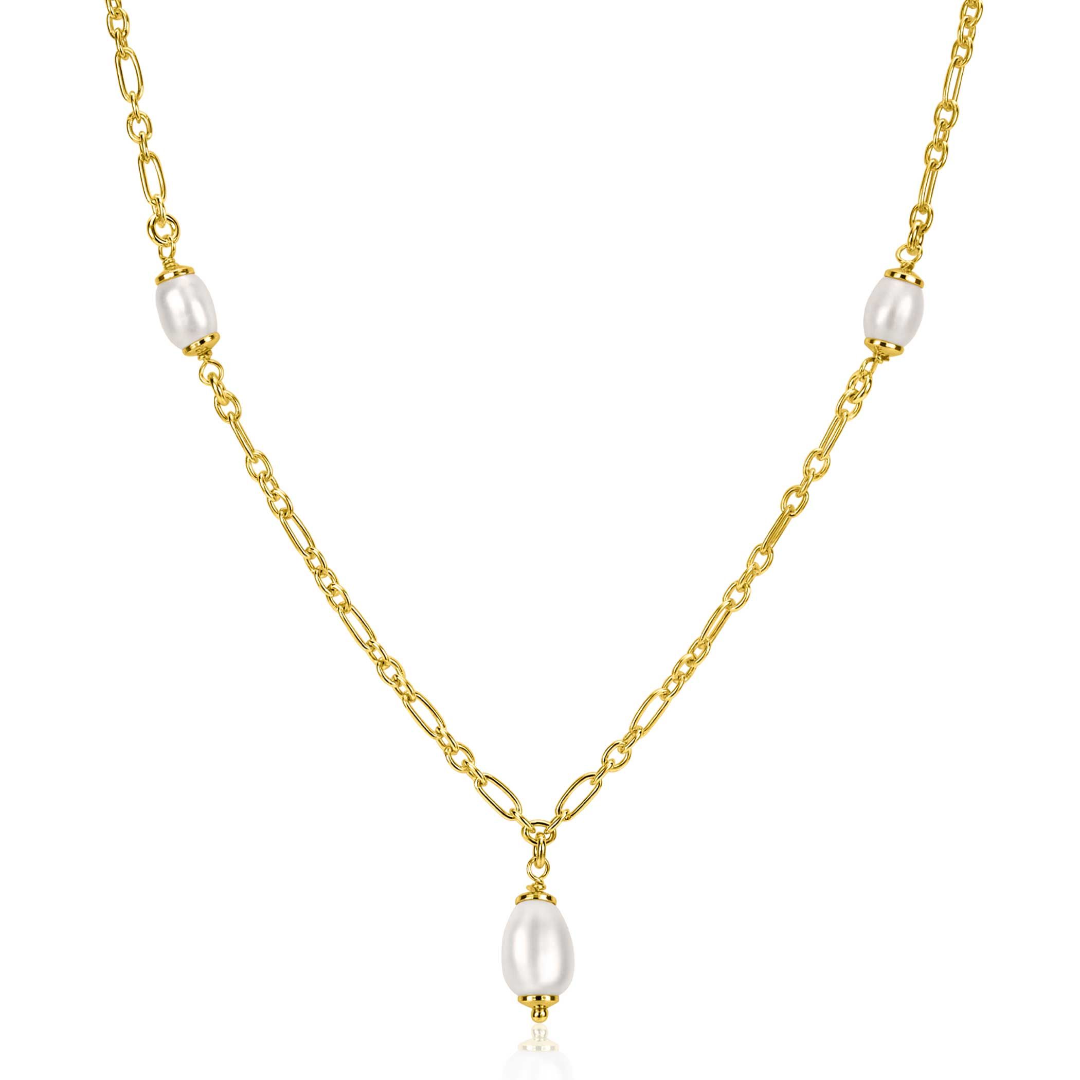 ZINZI vergoldete Silberkette mit drei ovalen weißen Süßwasserperlen, 40-45 cm ZIC2588