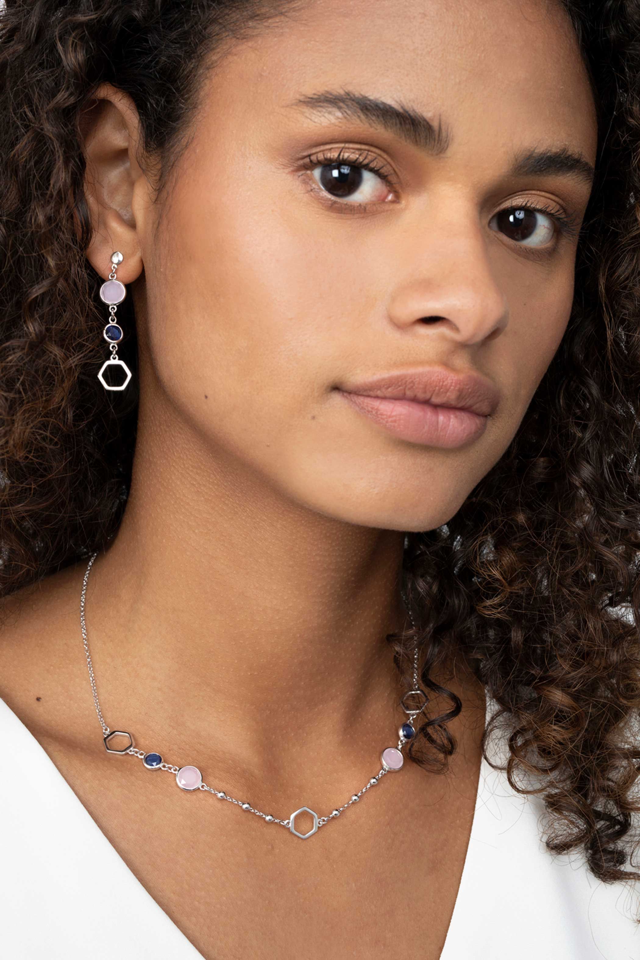 ZINZI silberne Fantasie Kette 45cm Sechseck blau rosa rund ZIC2002