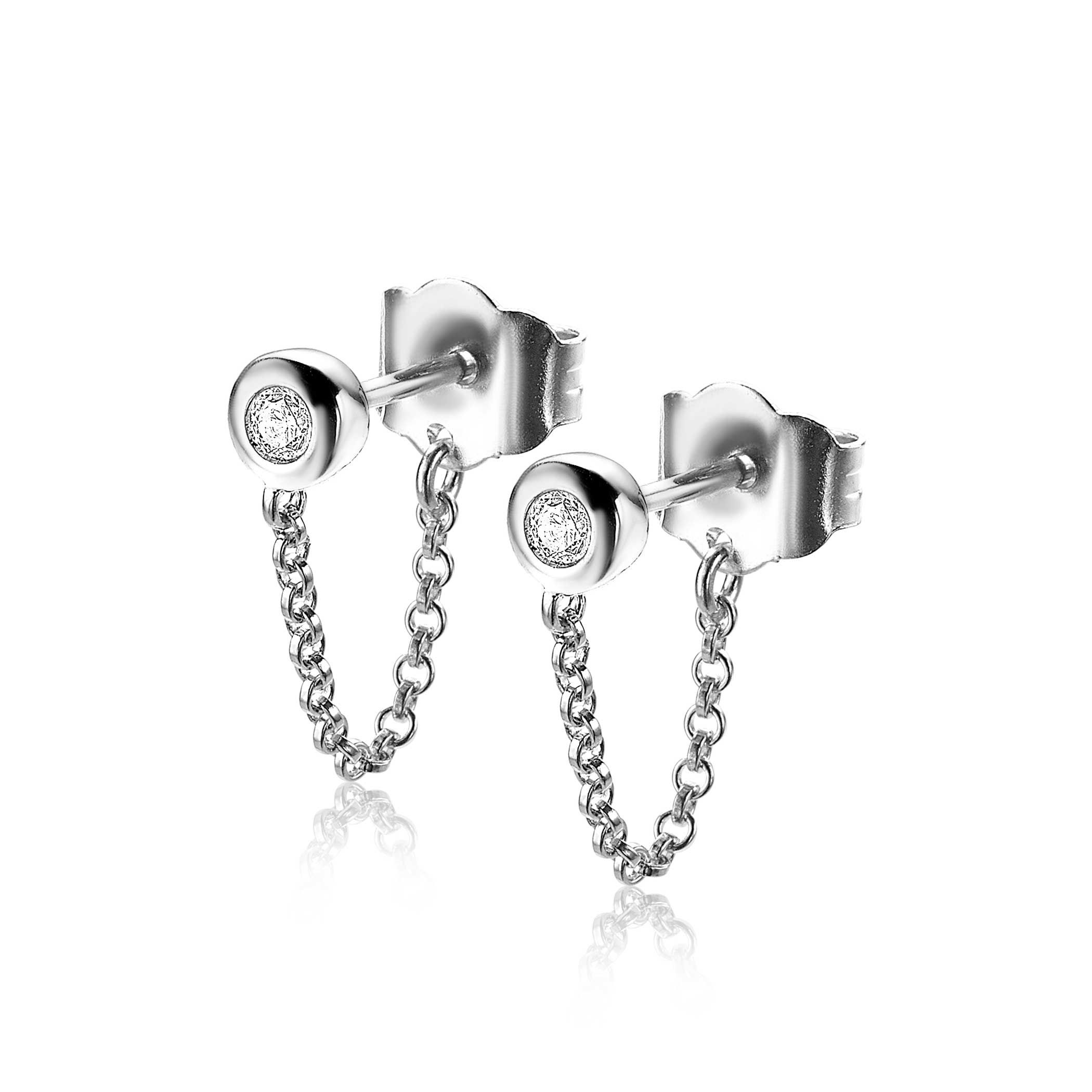 ZINZI silberne Ohrstecker mit Kette rund  weiß ZIO1773