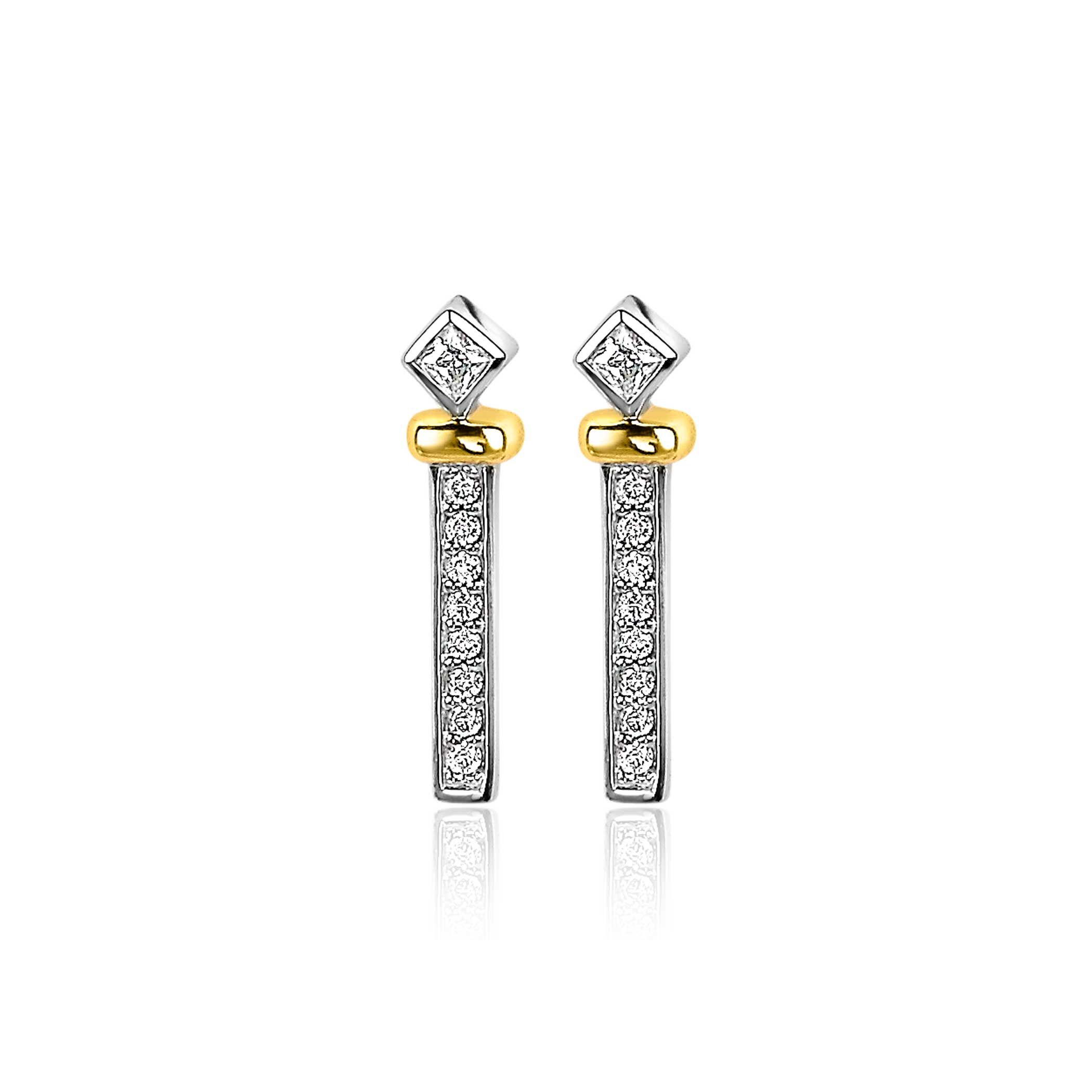 ZINZI silberne zweifarbige Ohrringe 18mm mit Stab Raute weiße Zirkonias ZIO2121