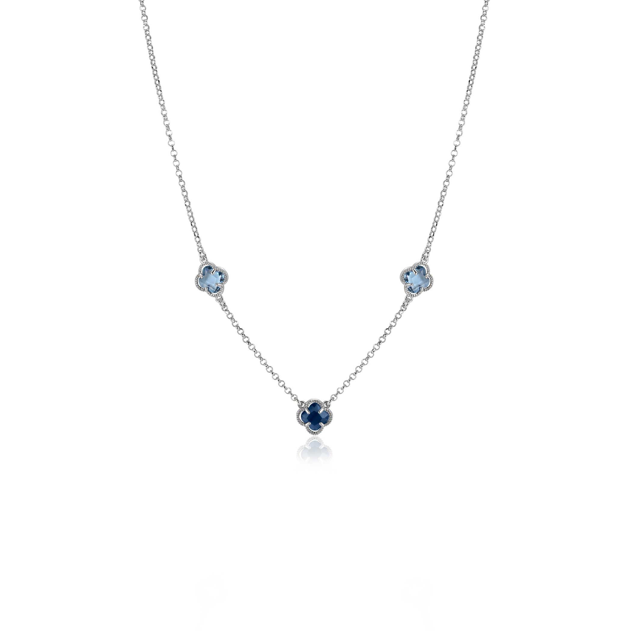 ZINZI Silber Gliederkette mit zwei hellblauen Kleeblättern und einem dunkelblauen Kleeblatt, 42-45 cm ZIC2663B