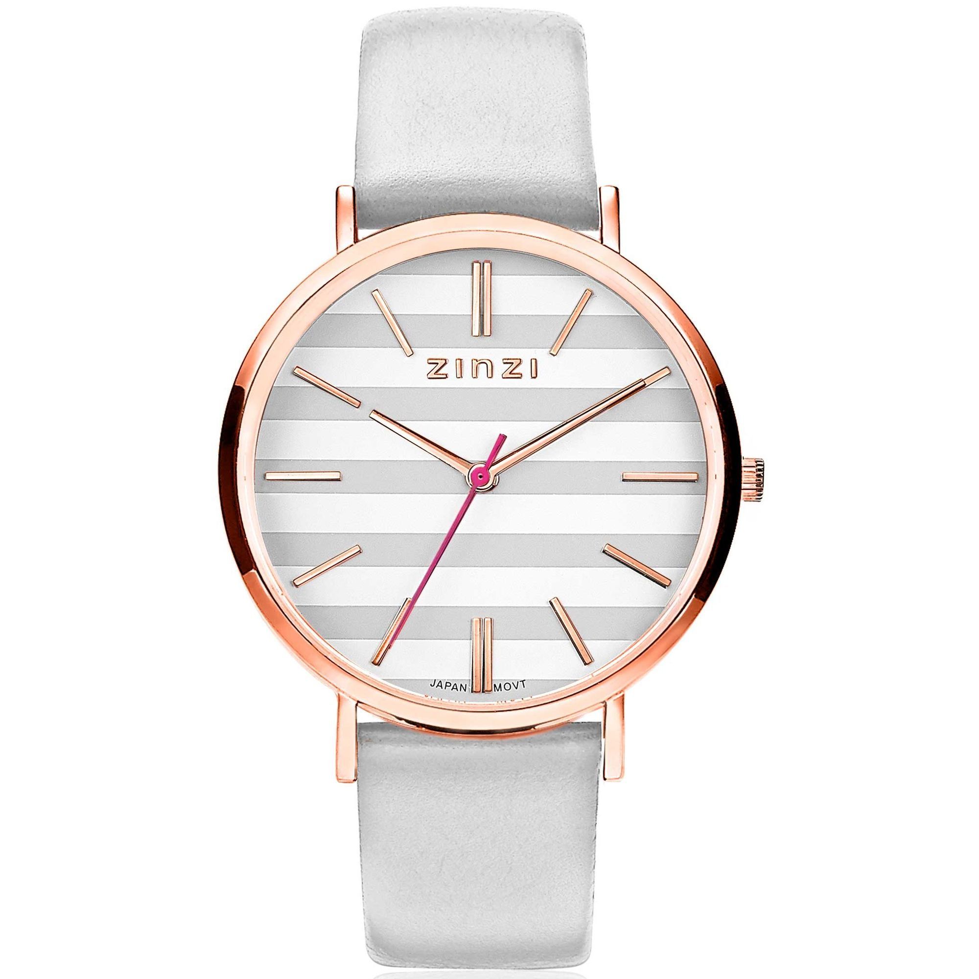 ZINZI Retro Uhr grau-weiß gestreiftes Zifferblatt roségoldfarbenes Gehäuse Leder Stahlgitterband hellgrau38mm extra dünn ZIW420LG