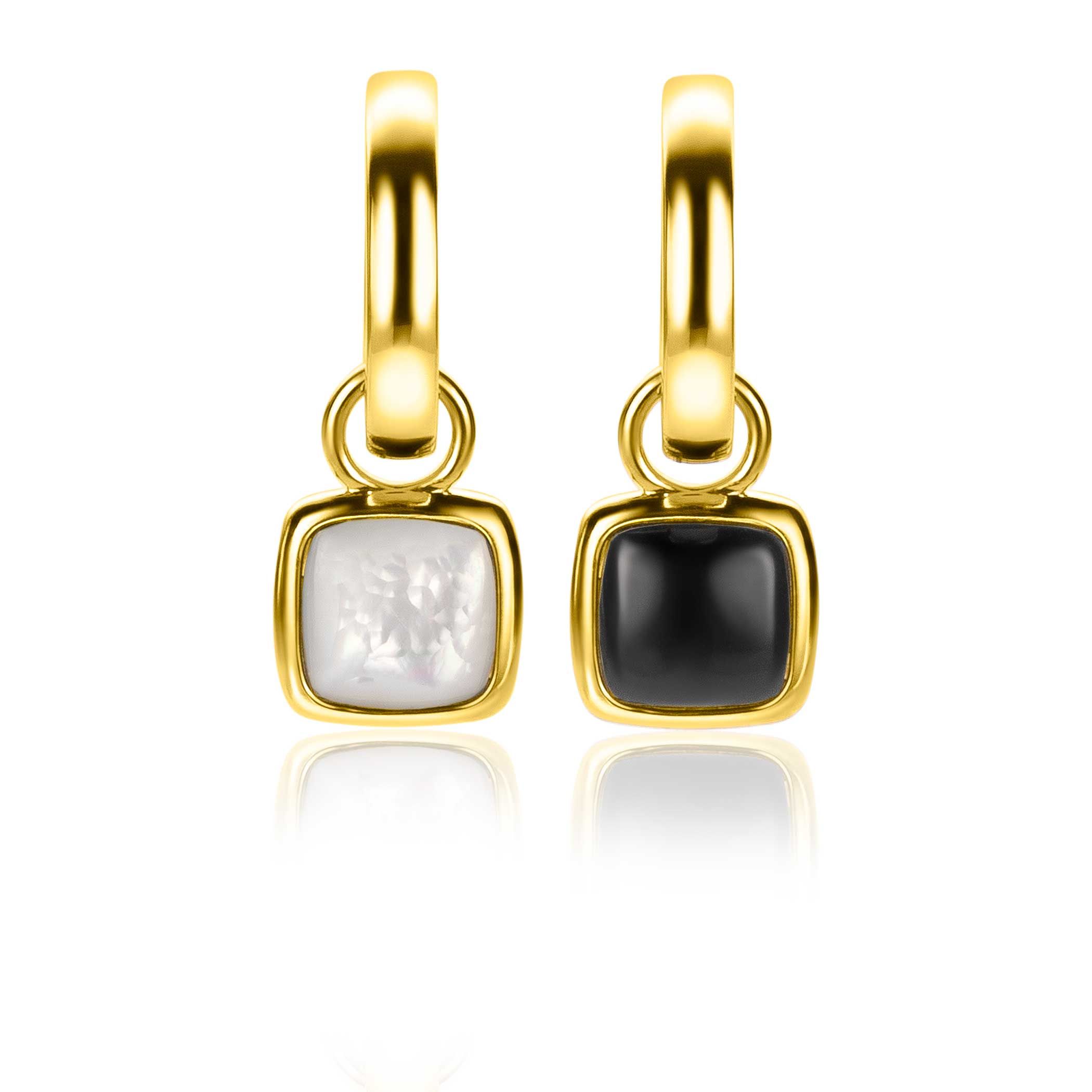 ZINZI Silberne Ohranhänger extra 14 Karat gelbvergoldetes Quadrat zweiseitig schwarzer Onyx und weißes Perlmutt 10mm ZICH2257G