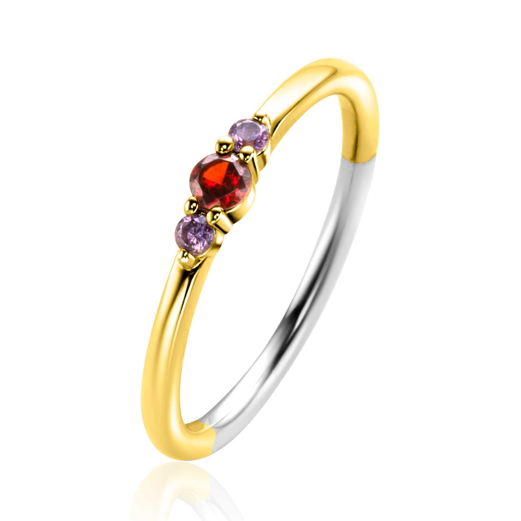 ZINZI zlv. ring met rood en paarse zirc.mt.60