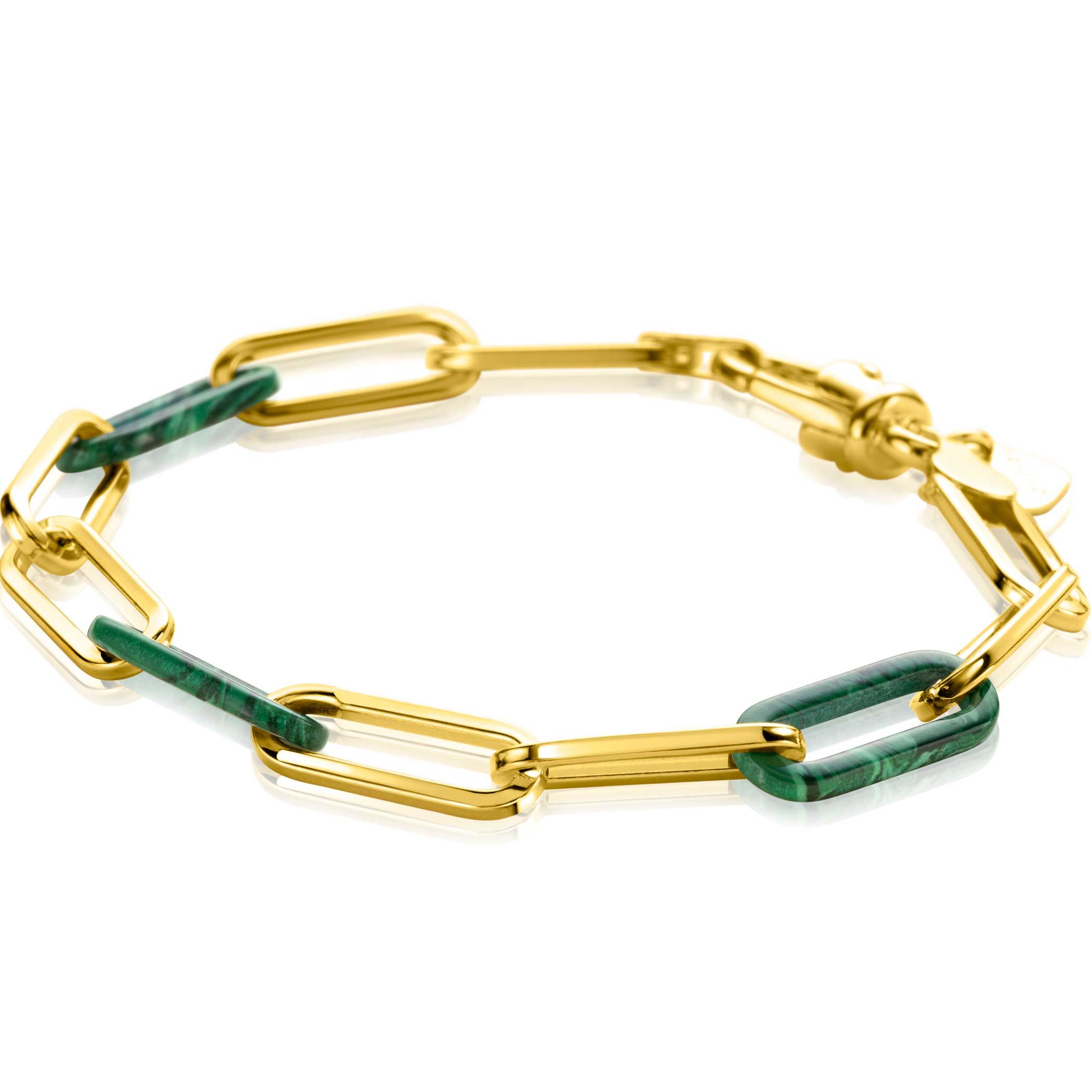 ZINZI zlv. armband gg.verg.paperclip met malachiet