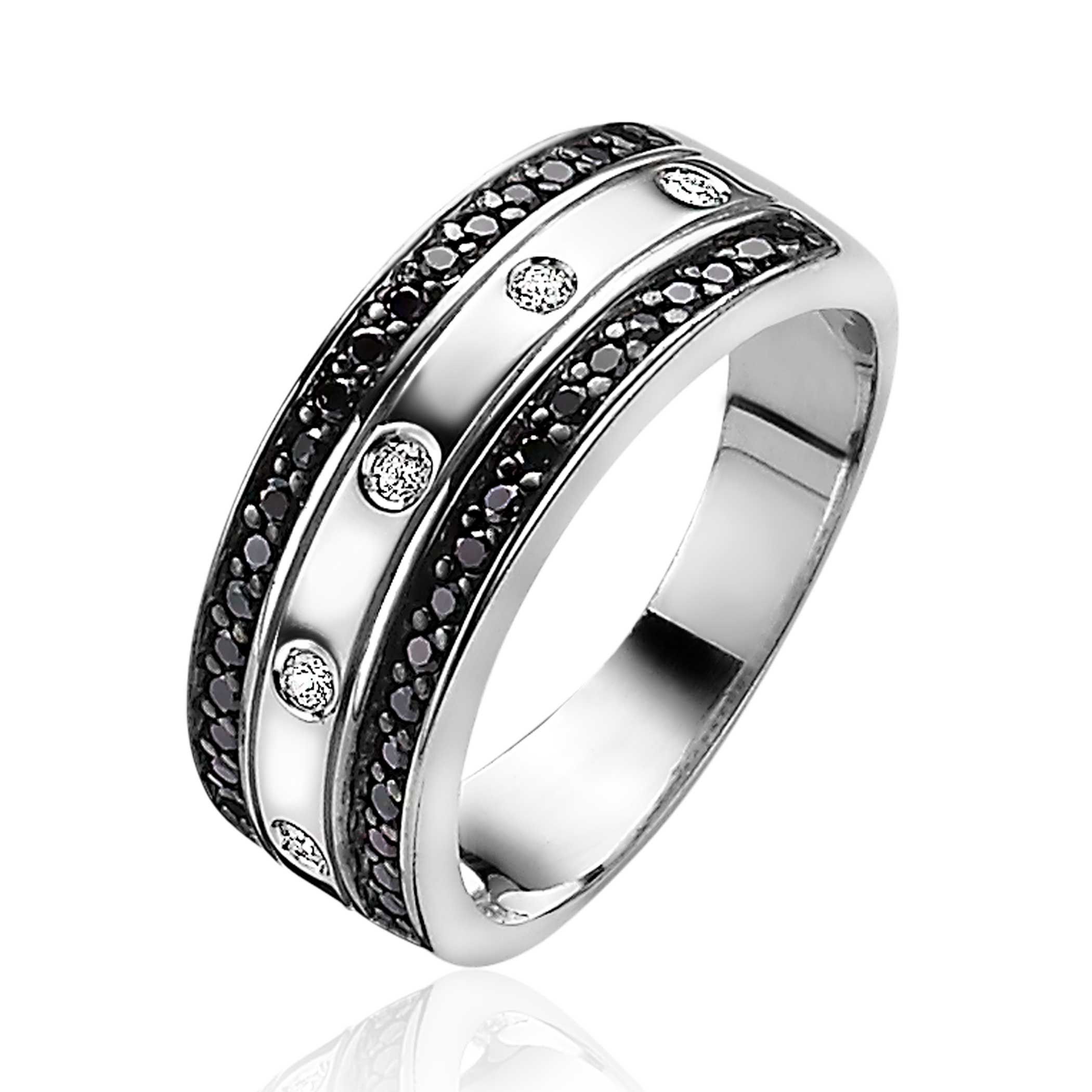 ZINZI silberner Ring im Multi-Look, äußere Reihen schwarze Zirkonias, in der mittleren Reihe 5 runde weiße Zirkonias ZIR830Z