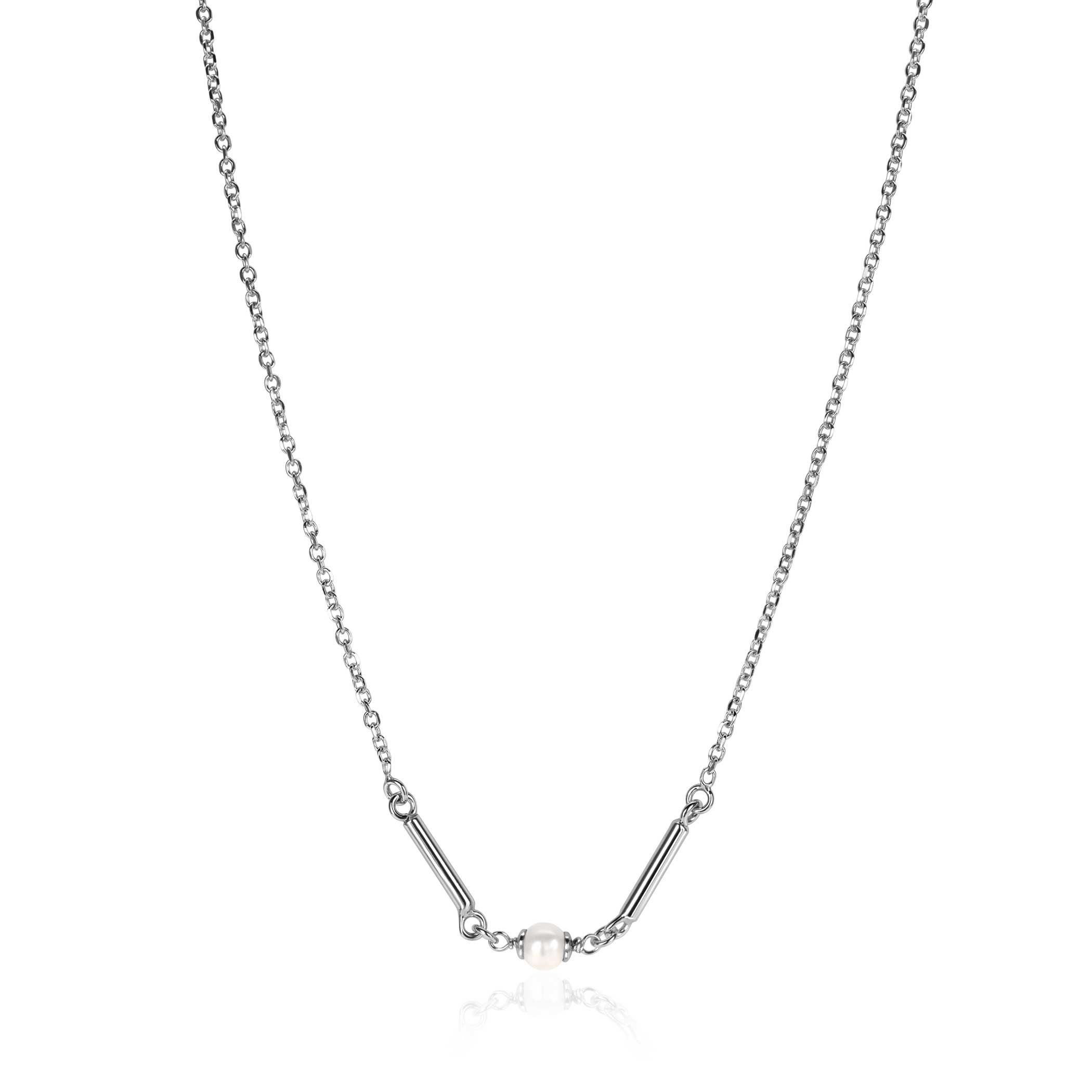 ZINZI Silberkette mit zwei glänzenden Stäbchen und weißer Süßwasserperle 42-45cm ZIC-BF108
