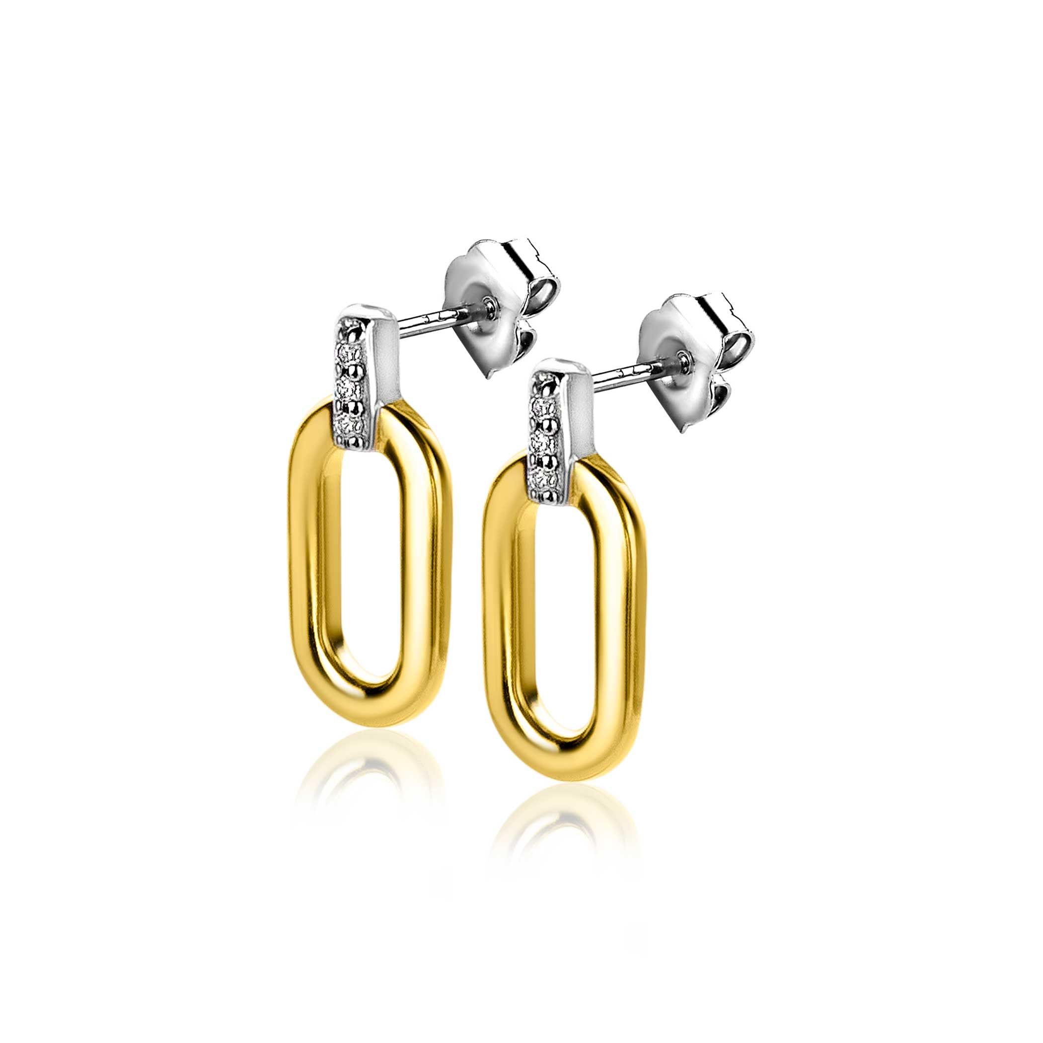 ZINZI silberne Ohrstecker extra 14K gelb vergoldet oval weiße Zirkonias 13mm ZIO2248