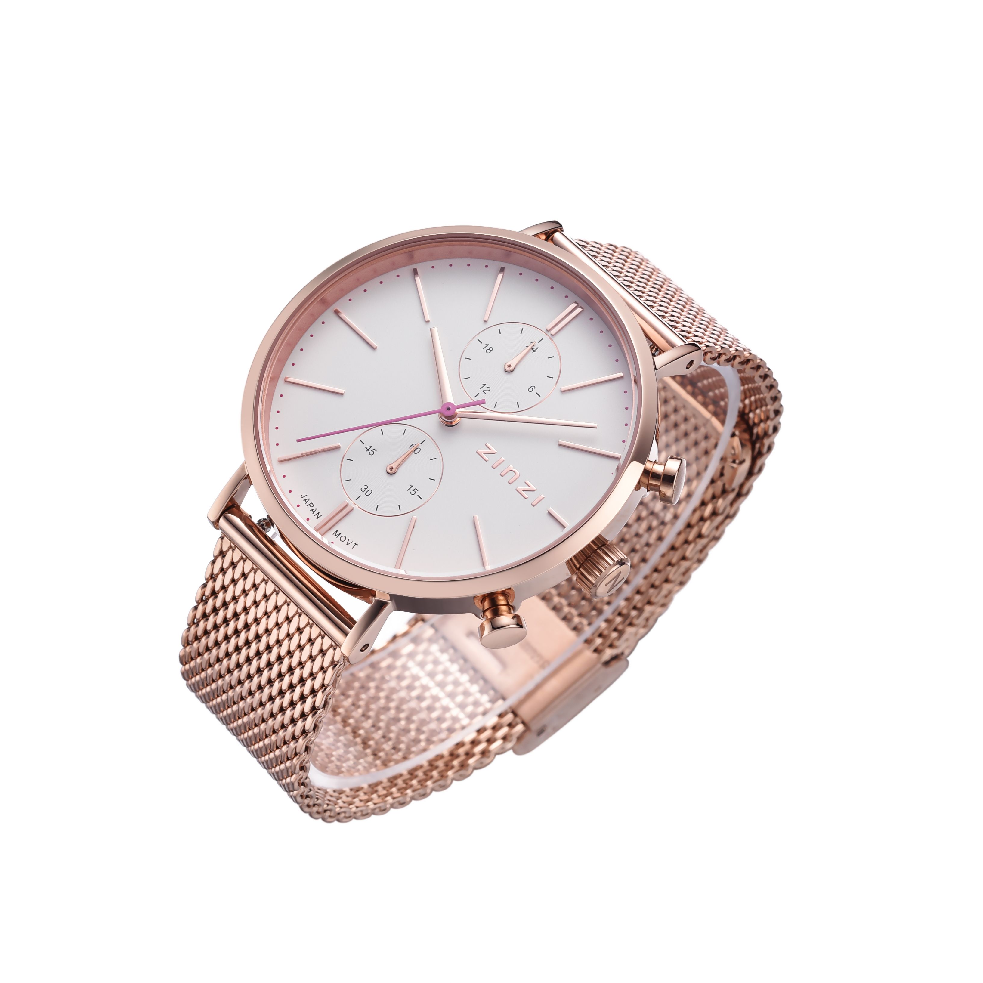 ZINZI Traveller Uhr  weißes Zifferblatt und roségoldfarbenes Gehäuse Stahlgitterband roségoldfarben 39mm dual time ZIW708M