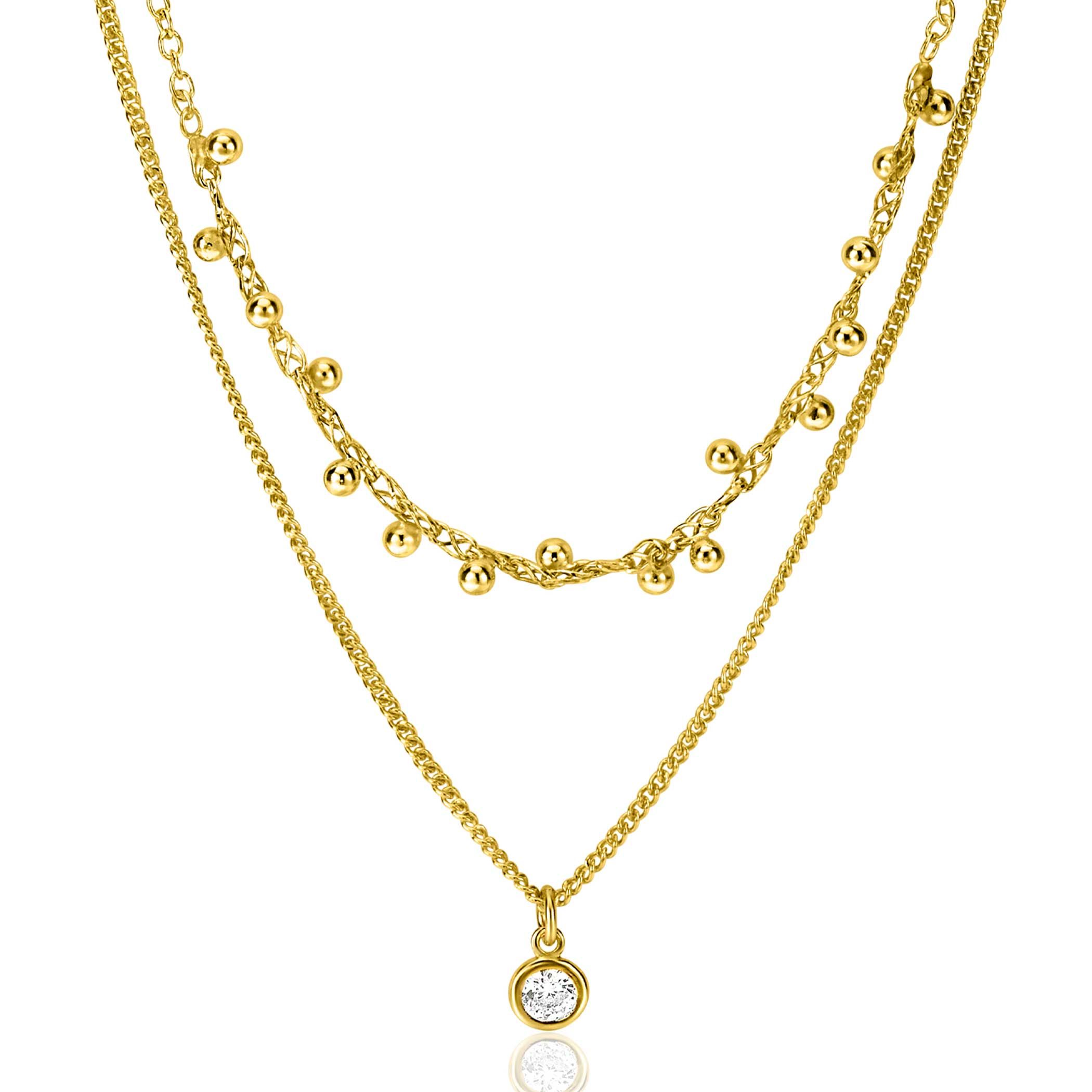 ZINZI zlv. 2x collier gg.verg. grmt+cz. en bolletjes