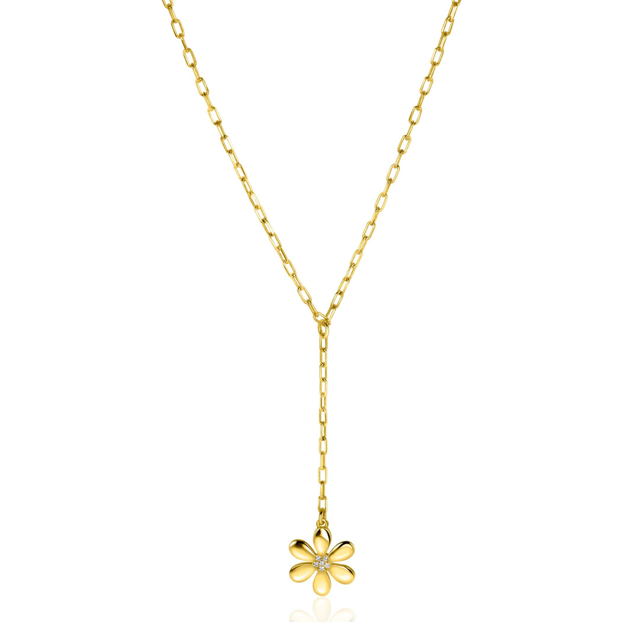 ZINZI zlv. Y-collier gg.verg. met bloem en zirc.