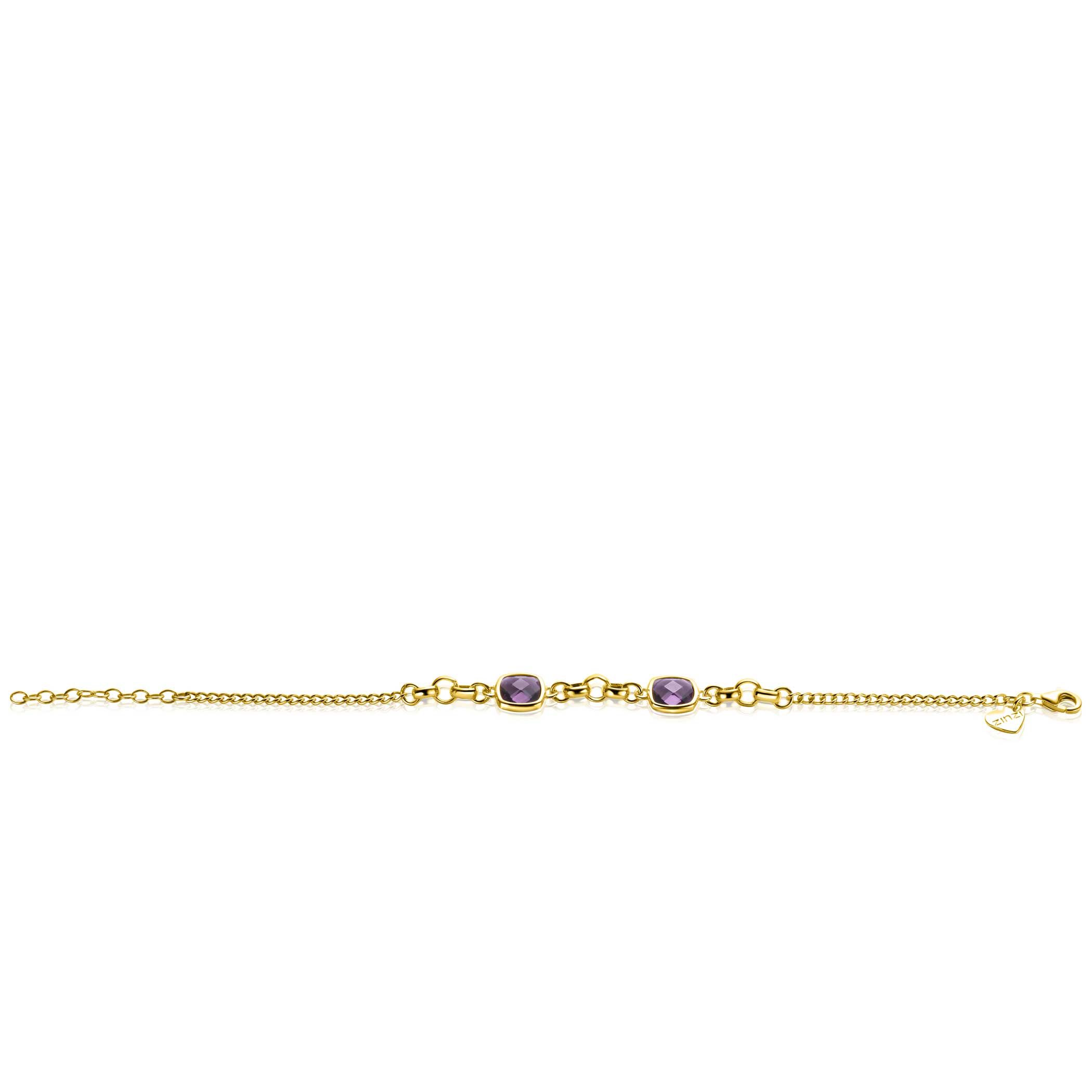 ZINZI vergoldetes Silber Gourmet-Armband mit zwei quadratischen violetten Farbsteinen 16-19cm ZIA-BF122