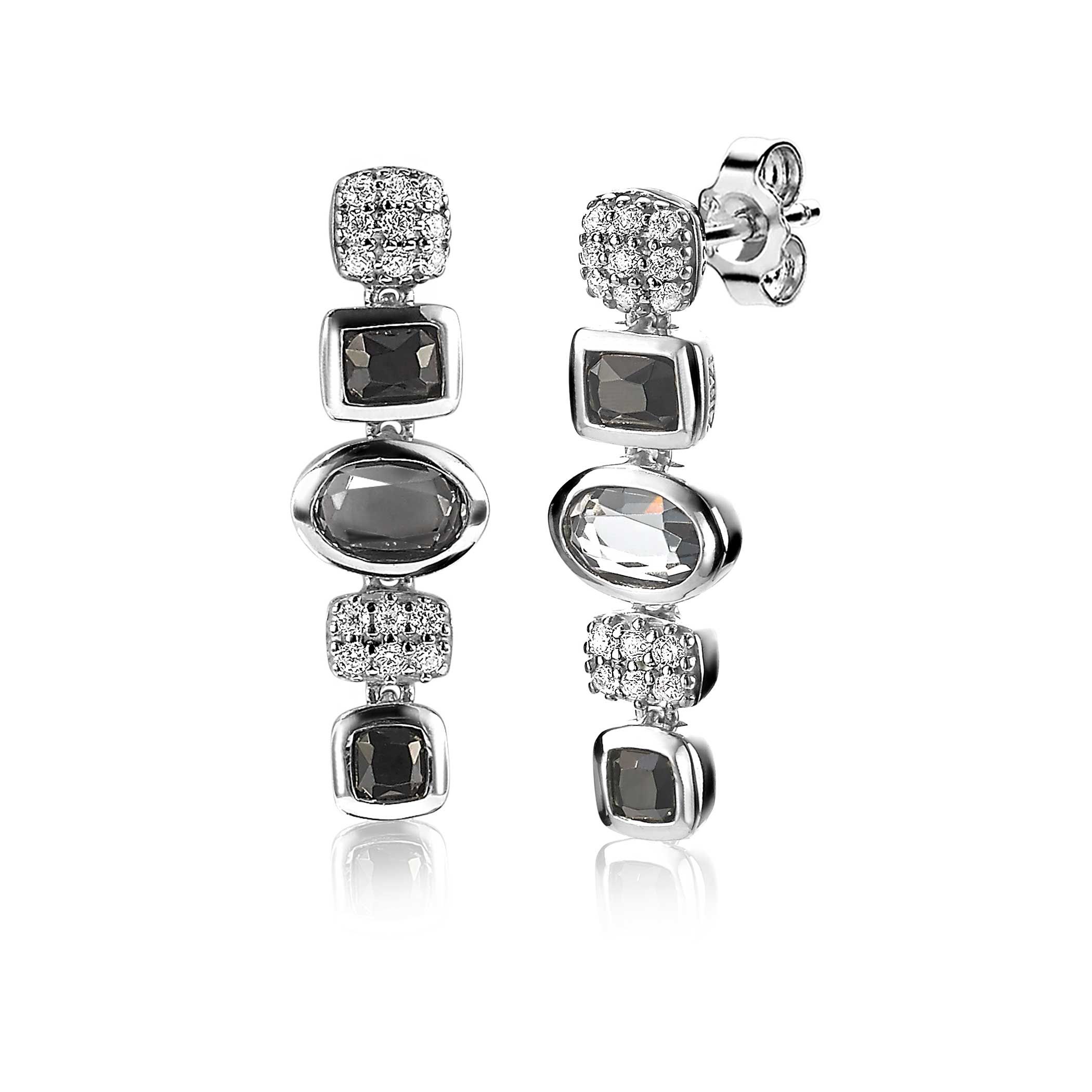 ZINZI silbernes Fantasie Ohrringe 25mm mit  weiße Zirkonias und grau schwarze Farbsteine ZIO1944