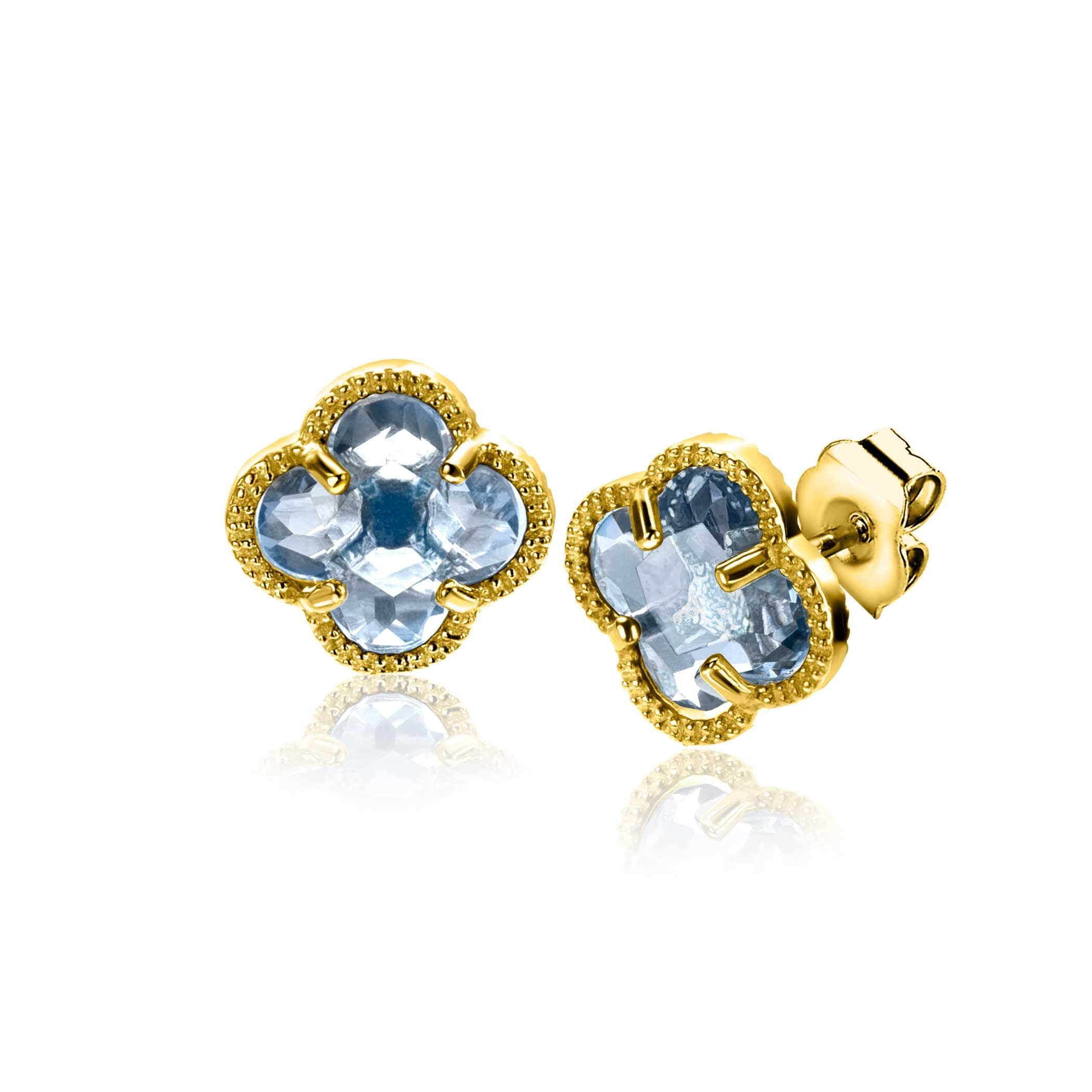 9mm ZINZI Vergoldete Silberne Kleeblatt-Ohrstecker mit hellblauem Edelstein ZIO2662B