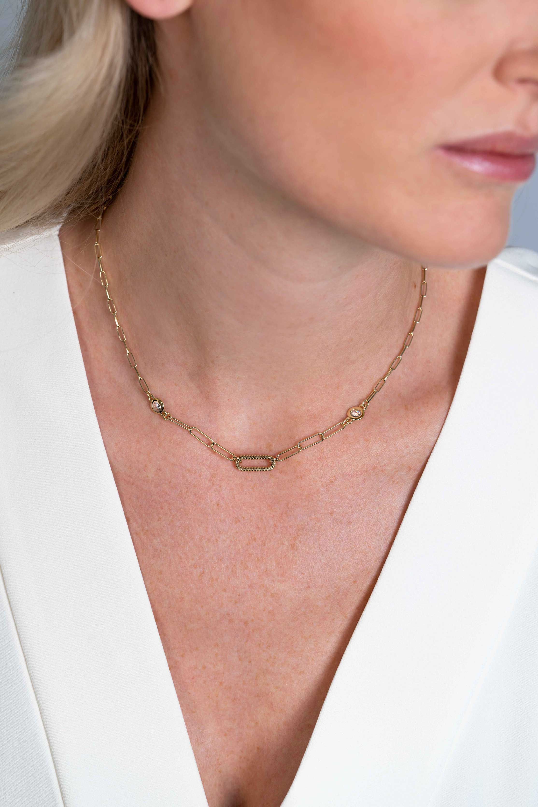 ZINZI Silberkette 14 Karat gelbvergoldet Paperclip Glieder mit weißen runden Zirkonias 42-45cm ZIC2264G