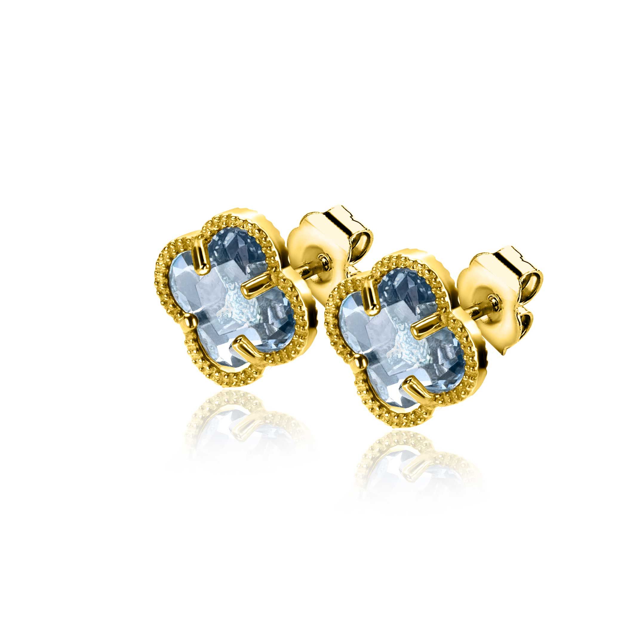 9mm ZINZI Vergoldete Silberne Kleeblatt-Ohrstecker mit hellblauem Edelstein ZIO2662B