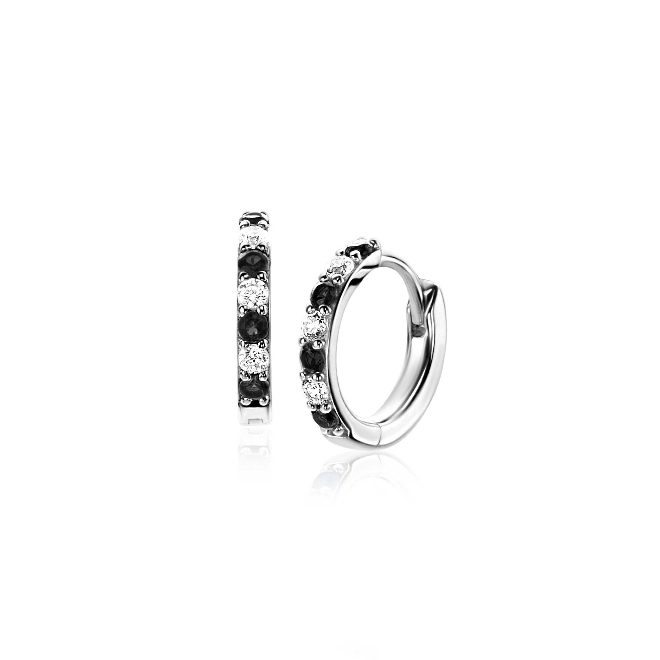 12mm ZINZI Silberne Creolen, besetzt mit weißen und schwarzen Zirkonias, 2mm Röhrendicke, mit luxuriösem Klappverschluss ZIO2559Z