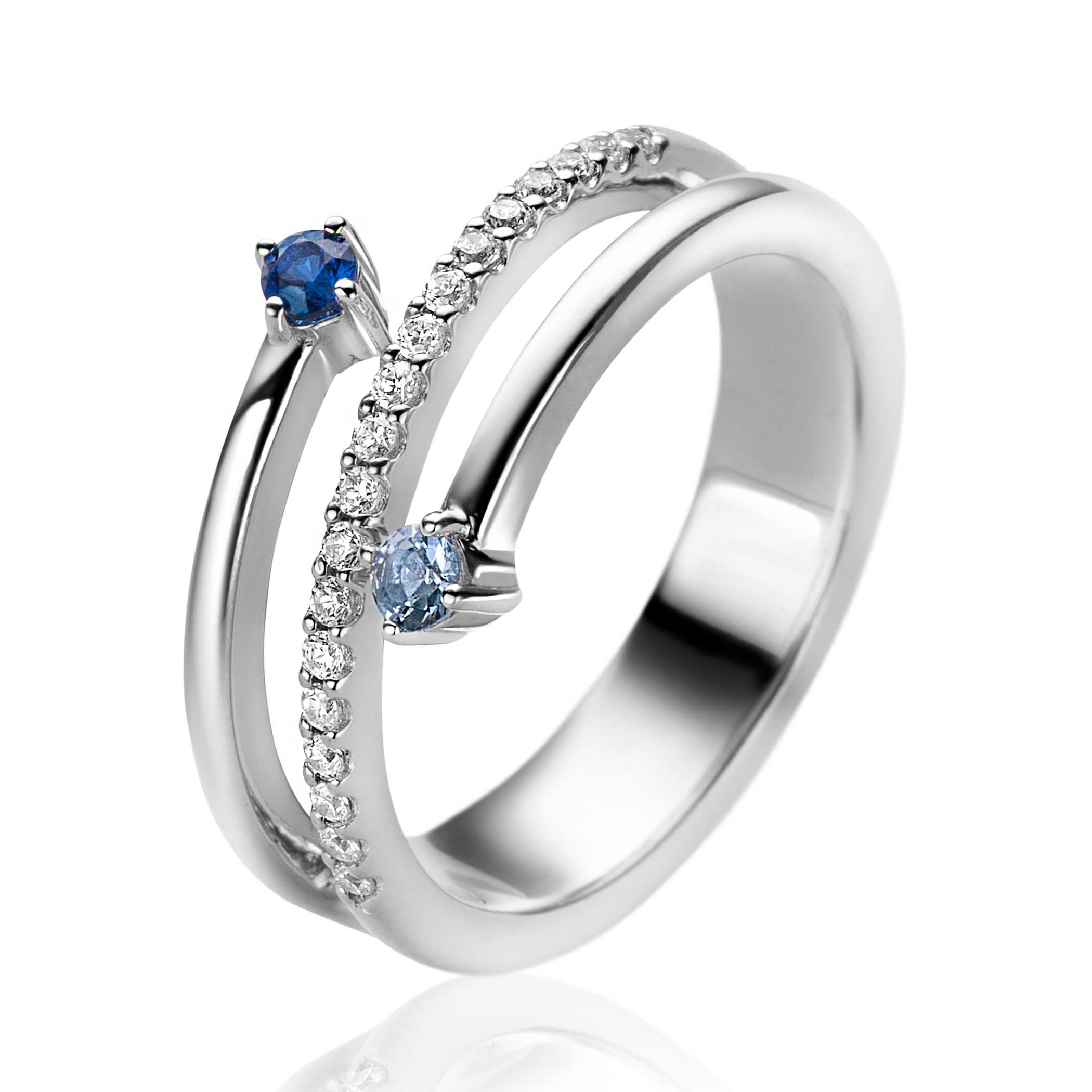ZINZI silberner Multi-Look-Ring (9mm breit) mit 3 Reihen, besetzt mit blauen Steinen und weißen Zirkonia ZIR2646B