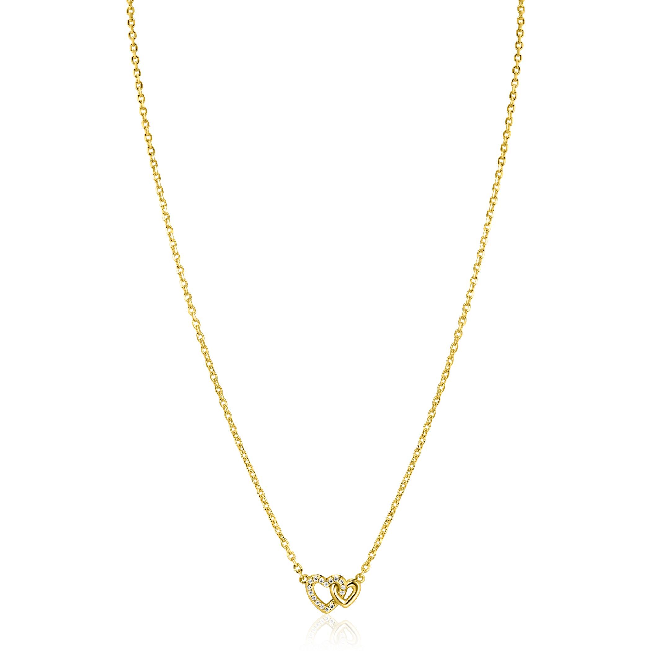 ZINZI zlv. collier gg.verg.2 hartjes verbonden 1x zirc.