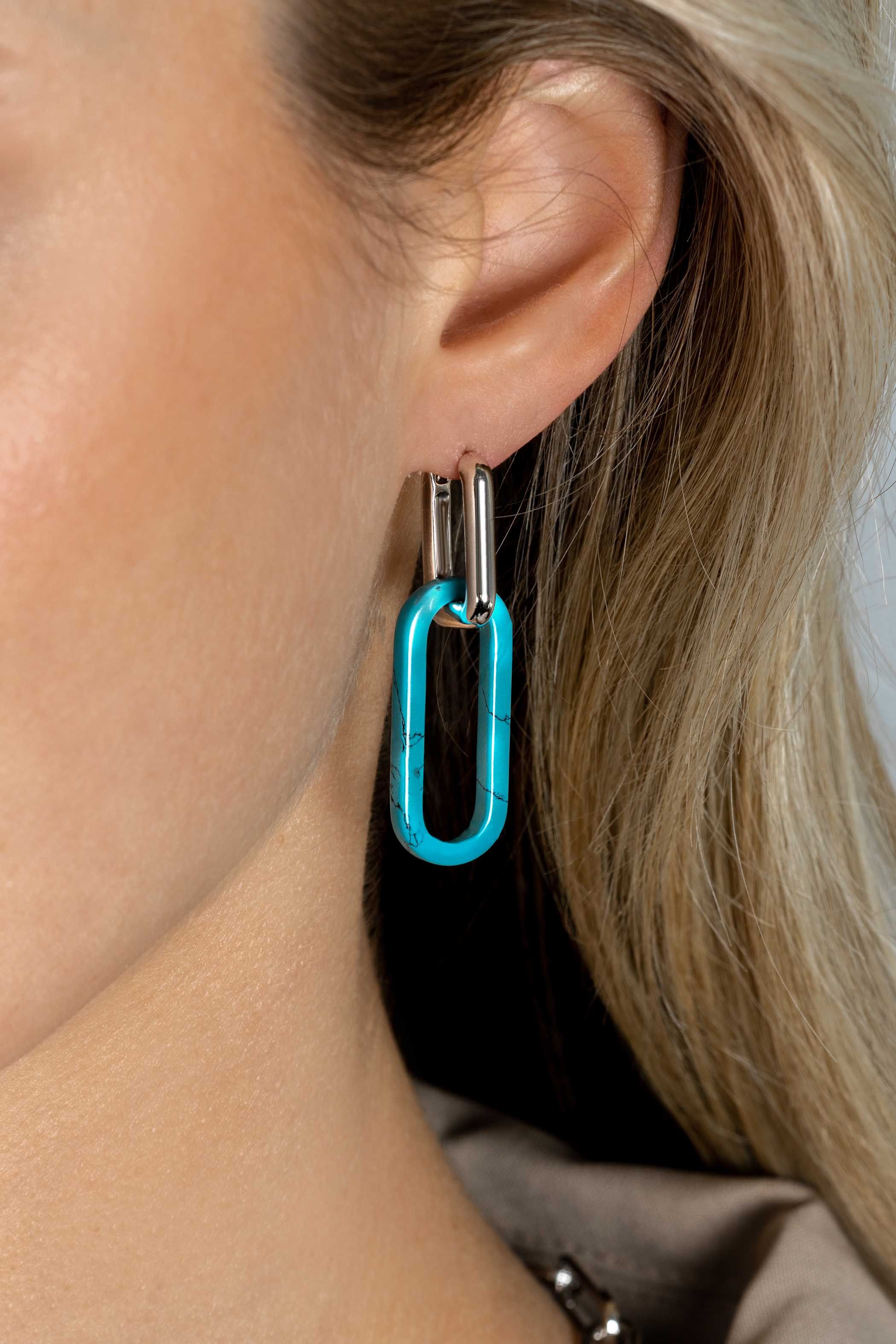 ZINZI zlv. oorbedels turquoise ovaal 30mm lang