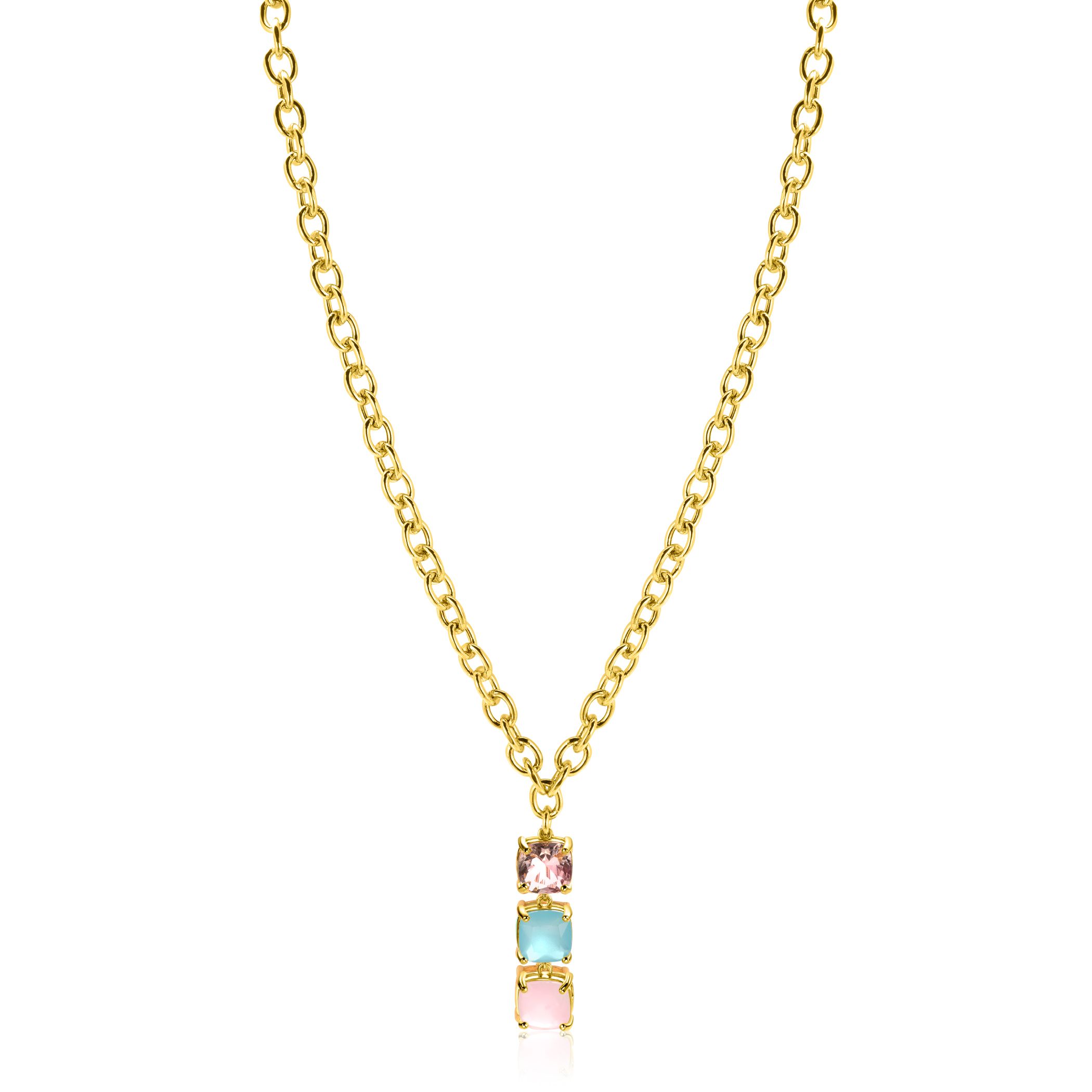 ZINZI zlv. collier gg.verg. hanger roze en turq.stenen