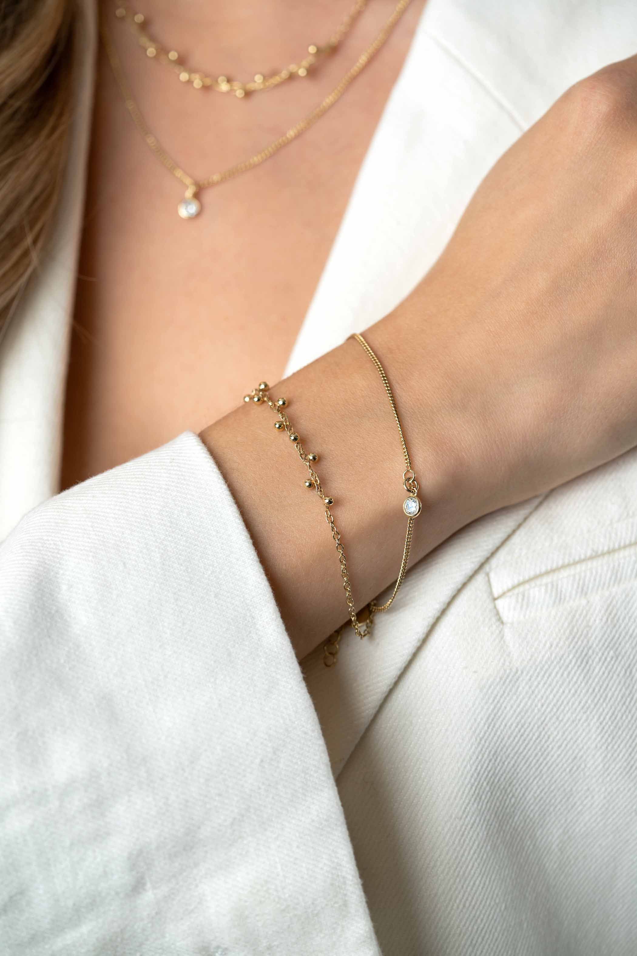 ZINZI zlv. 2x armband gg.verg. grmt+cz en bolletjes