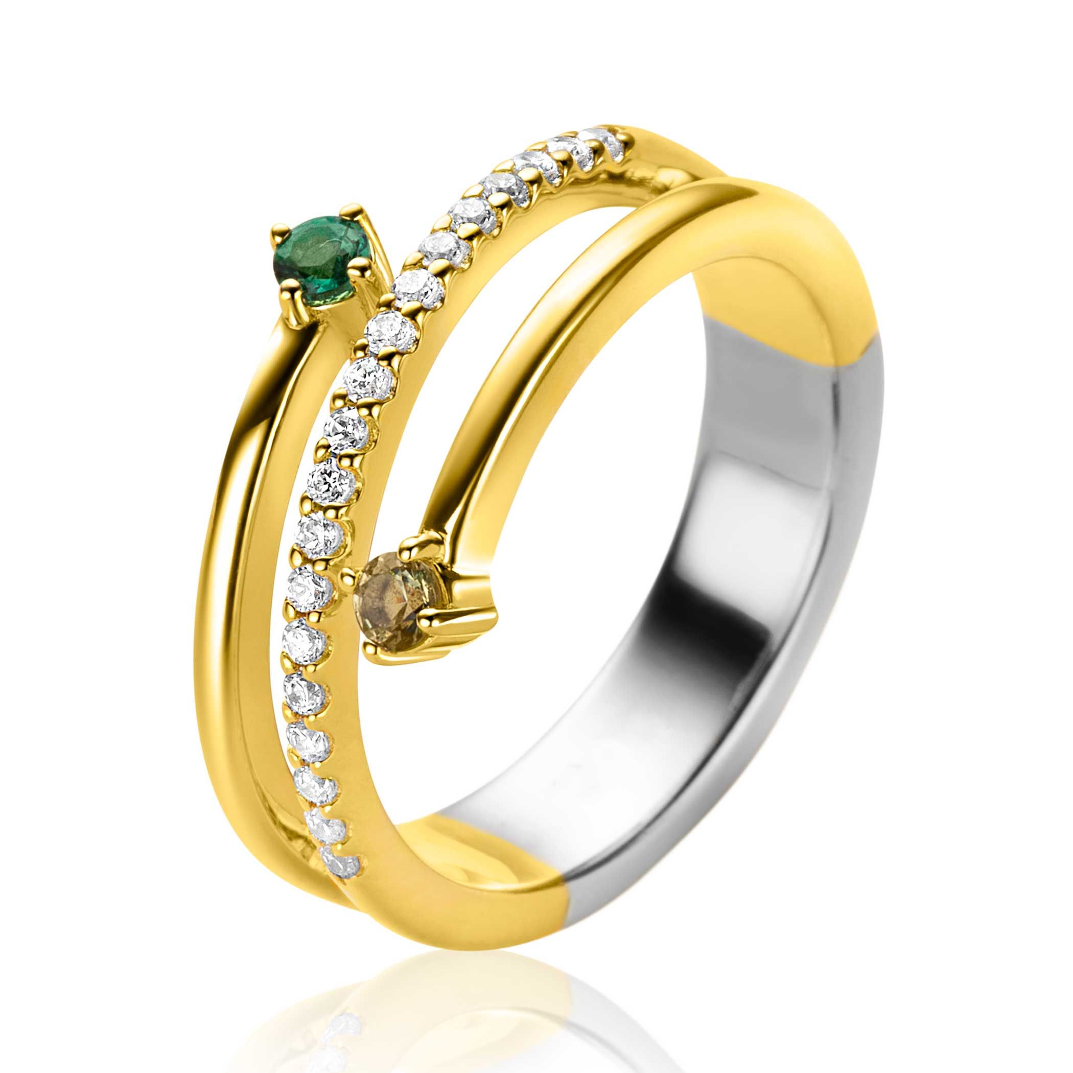 ZINZI vergoldeter silberner Multi-Look-Ring (9mm breit) mit 3 Reihen, besetzt mit grünen Steinen und weißen Zirkonia ZIR2646G
