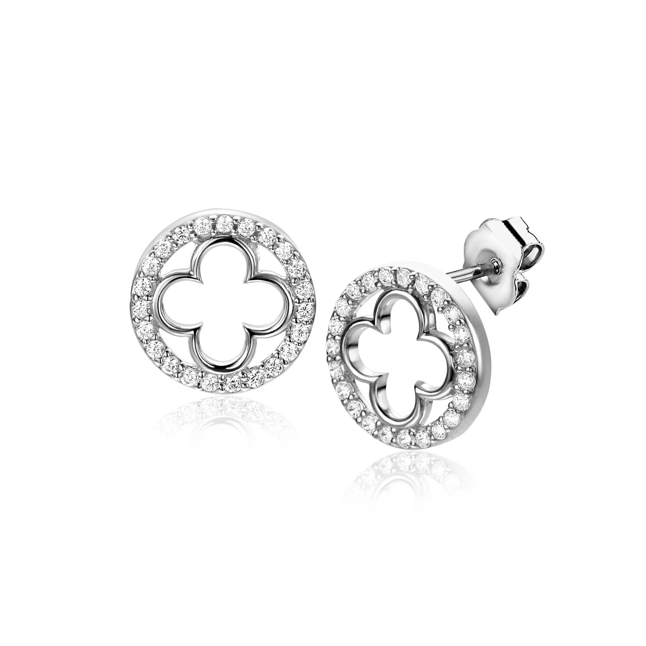 11mm ZINZI Silber-Ohrstecker Kleeblatt mit runder Kante, besetzt mit weißen Zirkoniasteinen ZIO-BF116