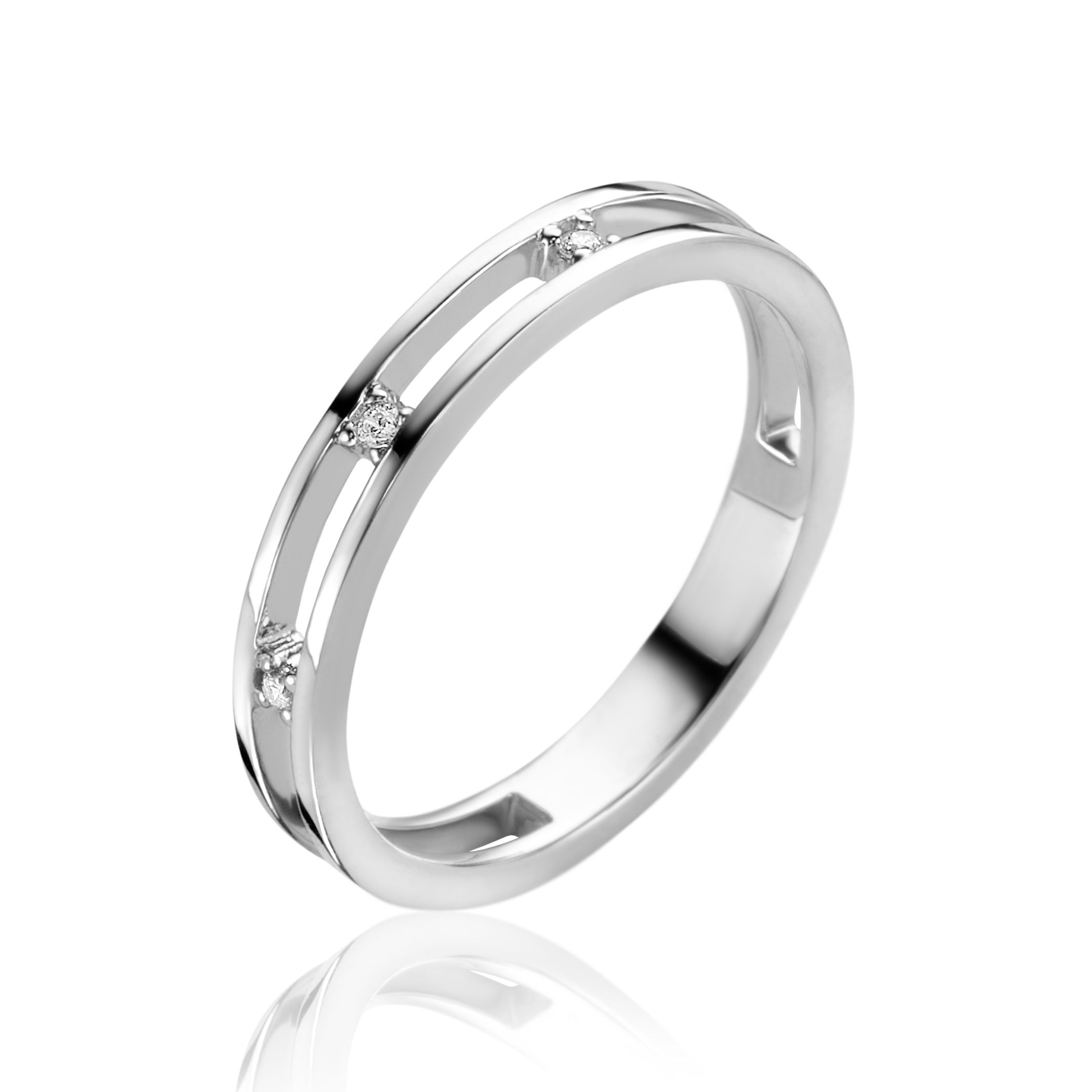 ZINZI zlv. ring twee banen / 3x zirc.ertussen mt.56