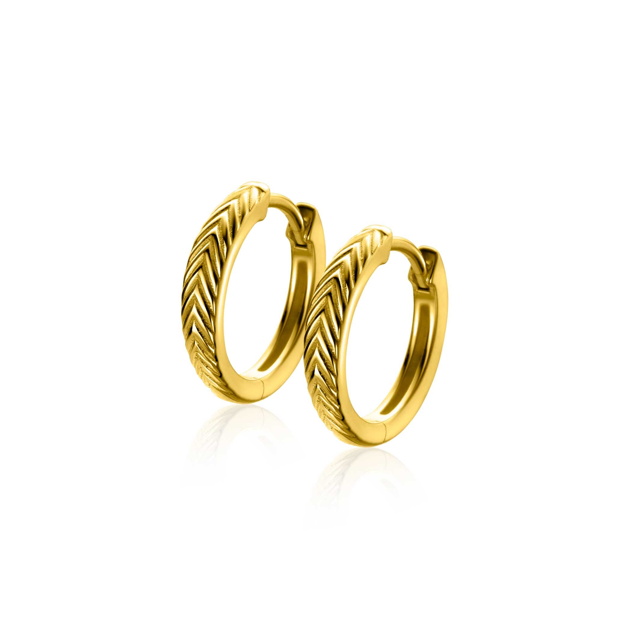 15mm ZINZI vergoldete silberne Creolen mit Federmotiv 3mm breit und luxuriösem Klappverschluss ZIO2644G
