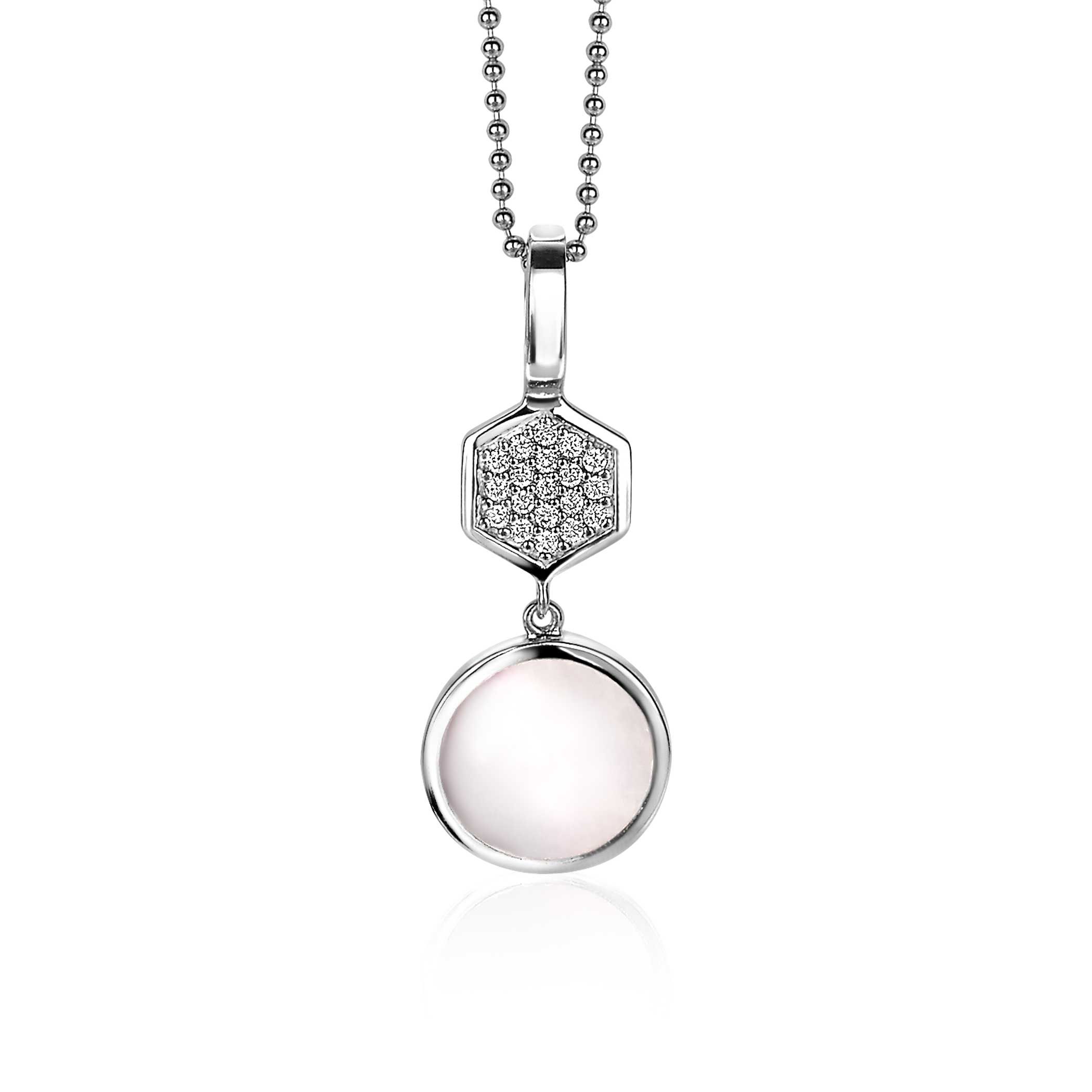 ZINZI silberner Anhänger 33mm rund Perle Sechseck weiß ZIH2011