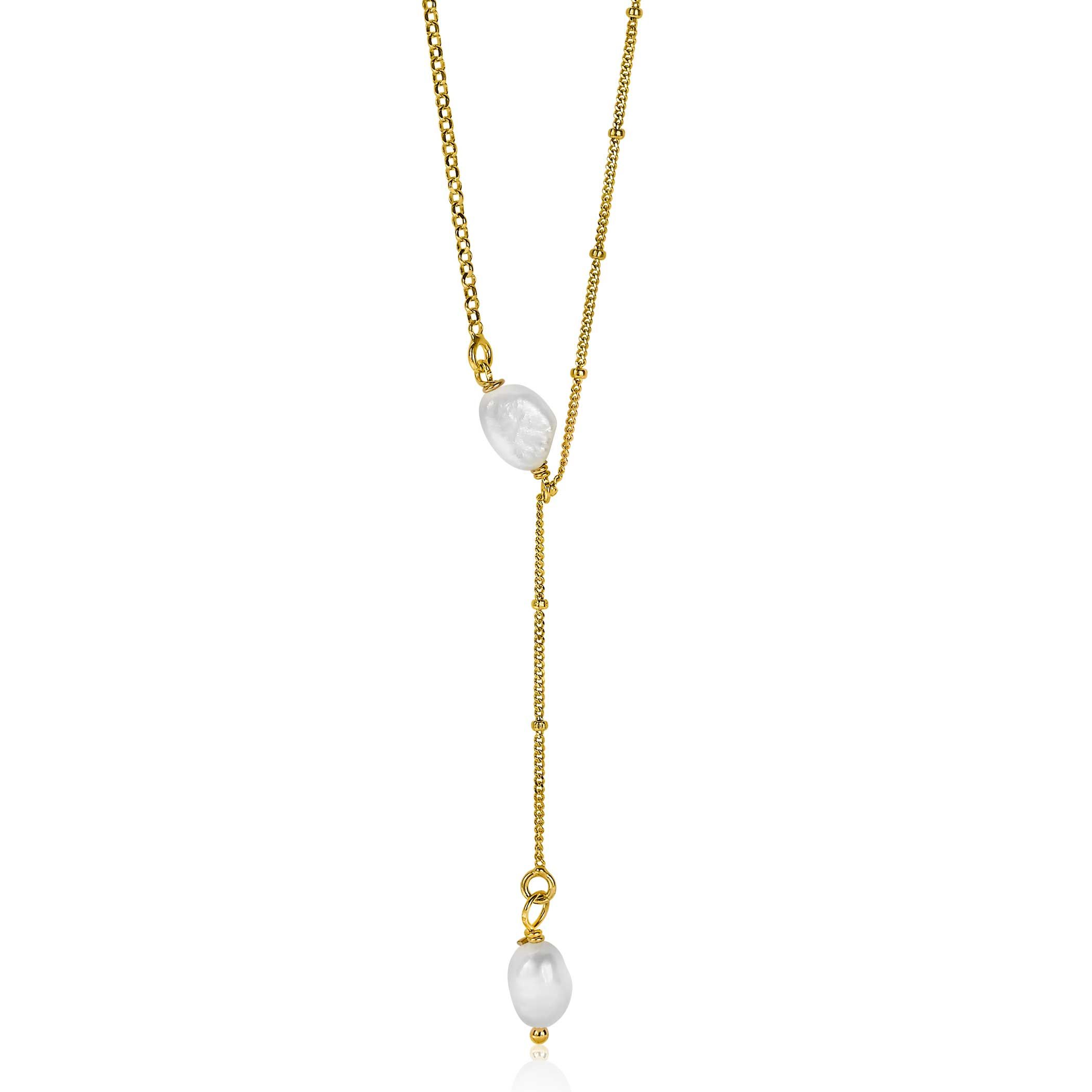ZINZI silberne Y-Halskette 14K gelb vergoldet 45cm Kugel  weiße Perlen ZIC2187G