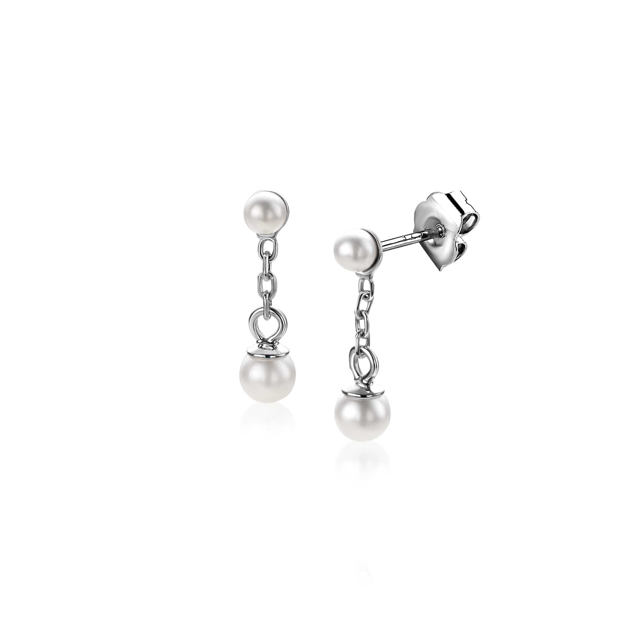 15mm ZINZI Silber Perlen Ohrstecker mit Kettchen und runder weißer Glasperle von 4mm ZIO2623