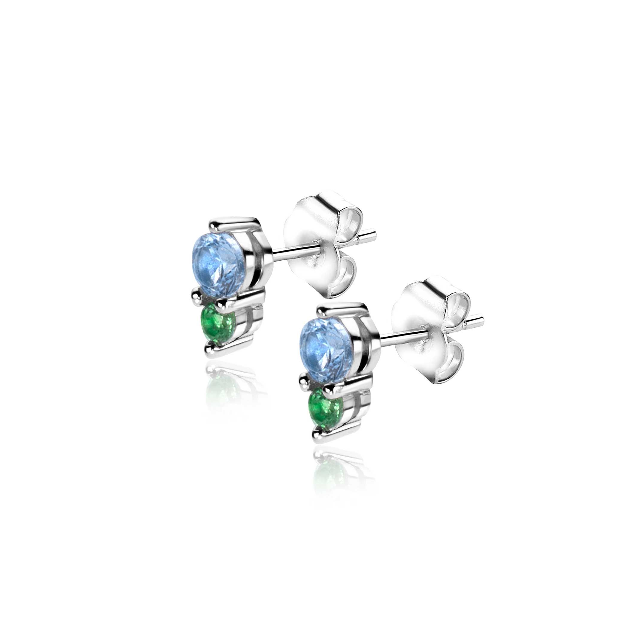 ZINZI zlv. oorknopjes met licht blauw en groen zirc.