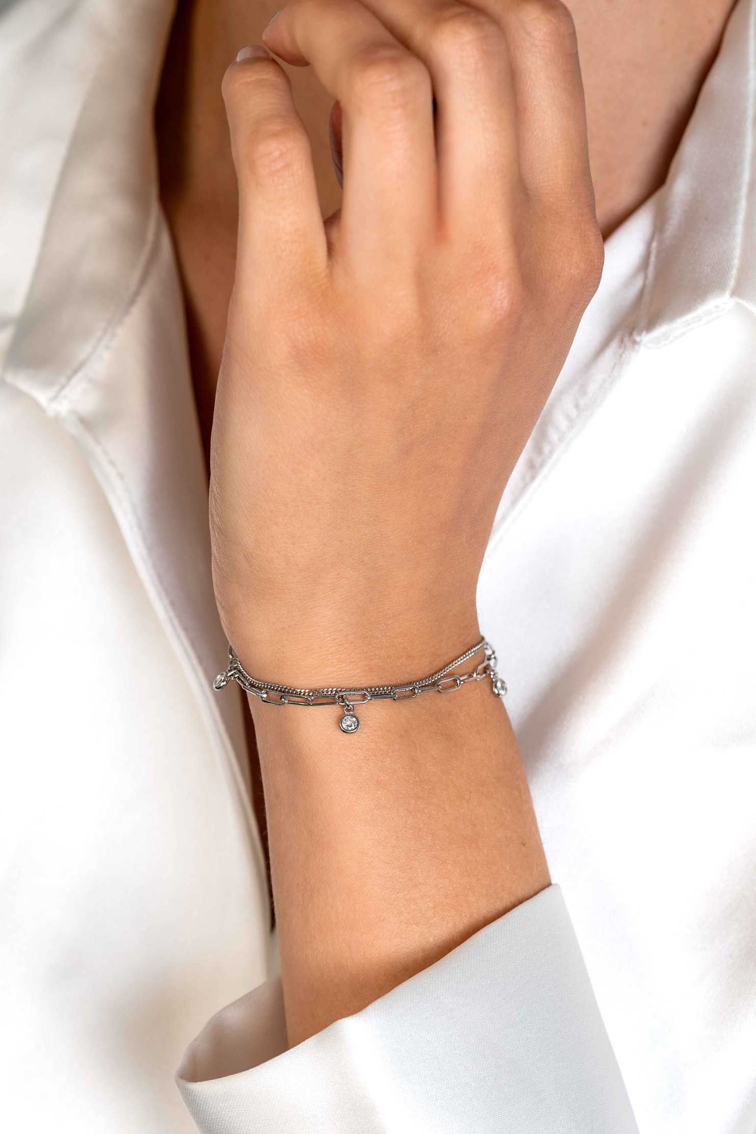 ZINZI zlv.armband 2rij grmt/papercilp zirc.hangertjes