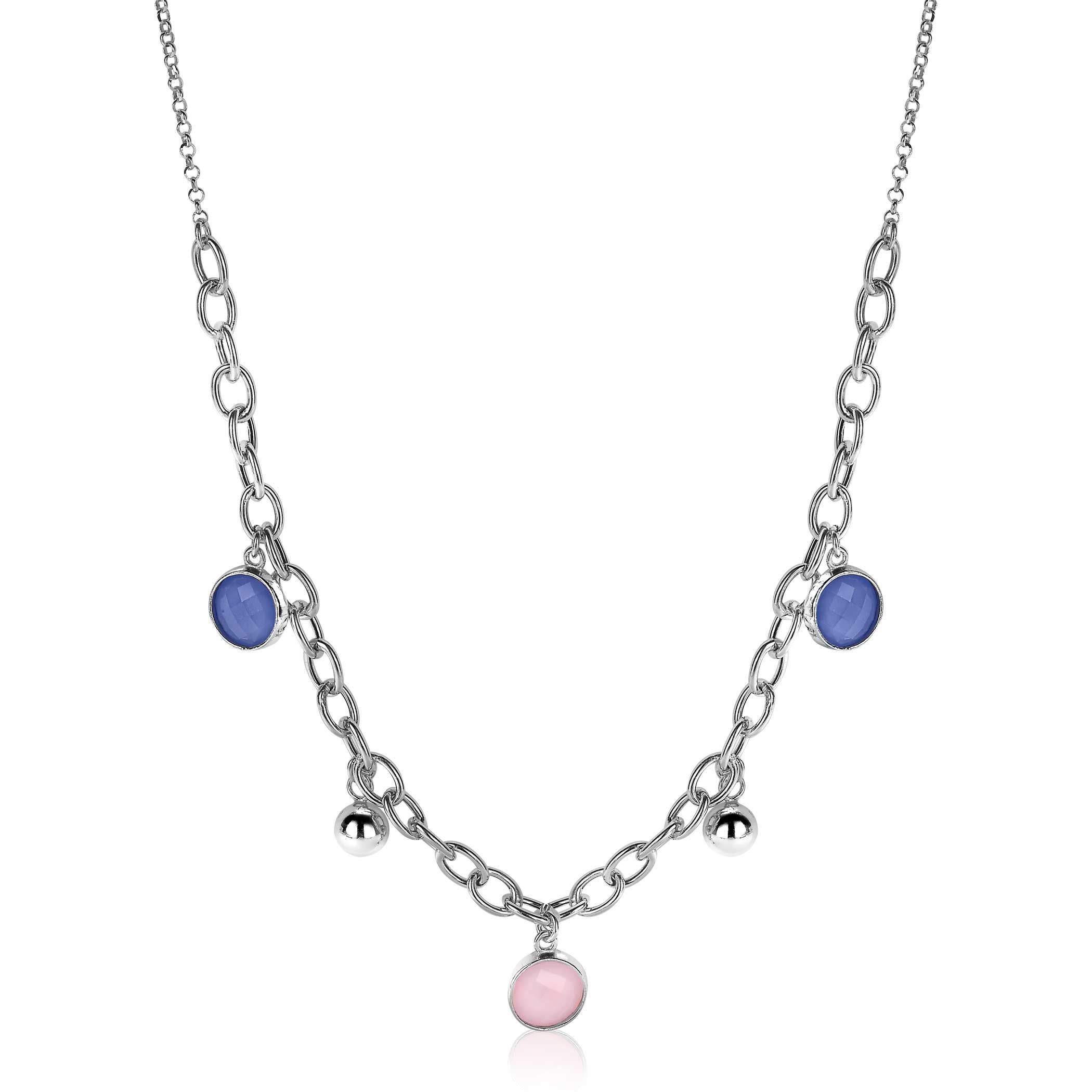 ZINZI silberne Luxus Jasseron Kette 45cm mit Kugel und Charms rund in rosaund blau ZIC2005