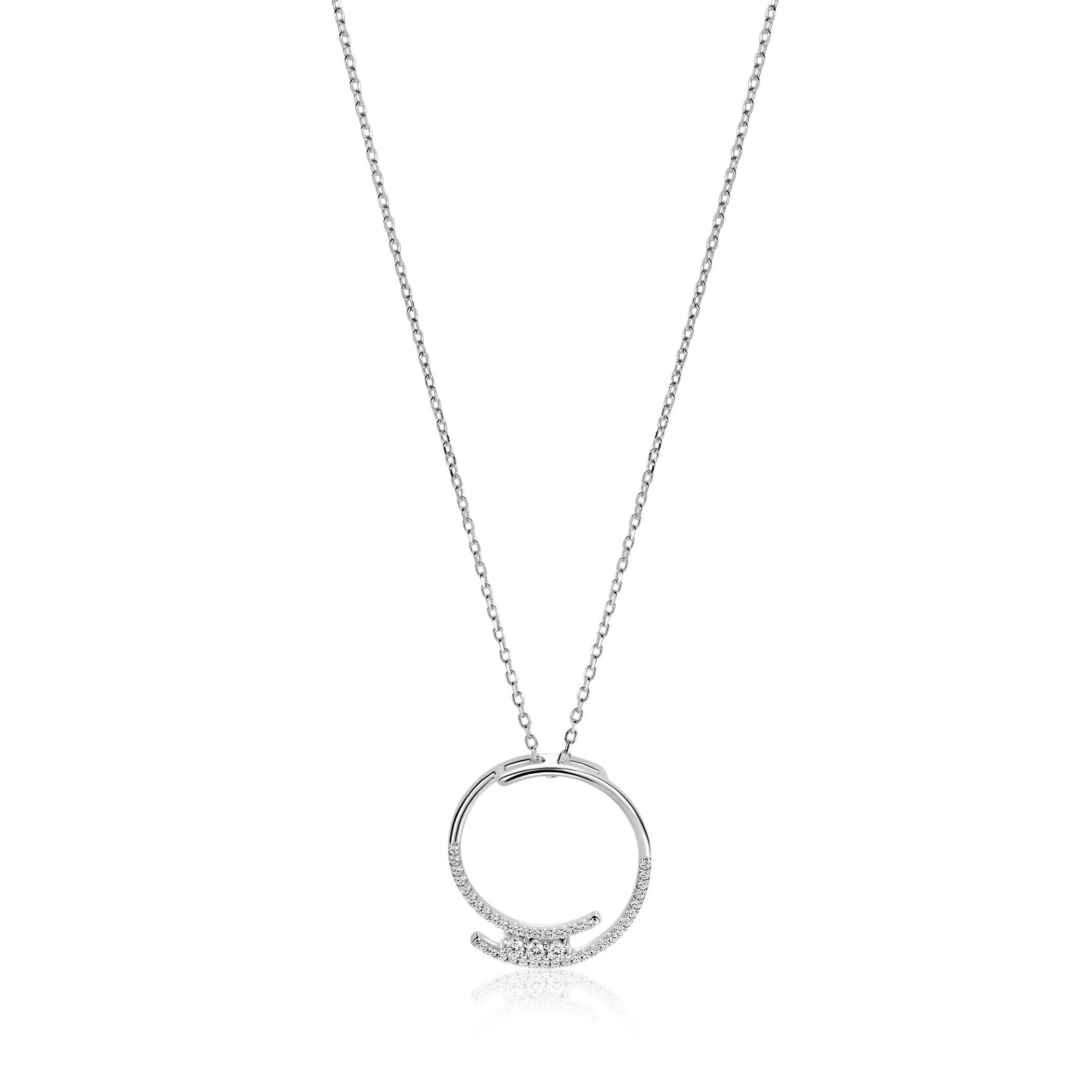 ZINZI Silberkette mit großem offenem rundem Anhänger 25 mm, besetzt mit weißen Zirkonias, 45-50 cm ZIC2645