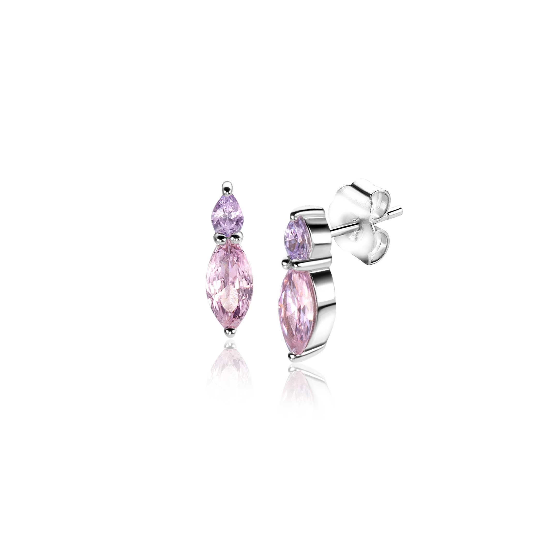 ZINZI zlv. oorknopjes roze en lila zirc.