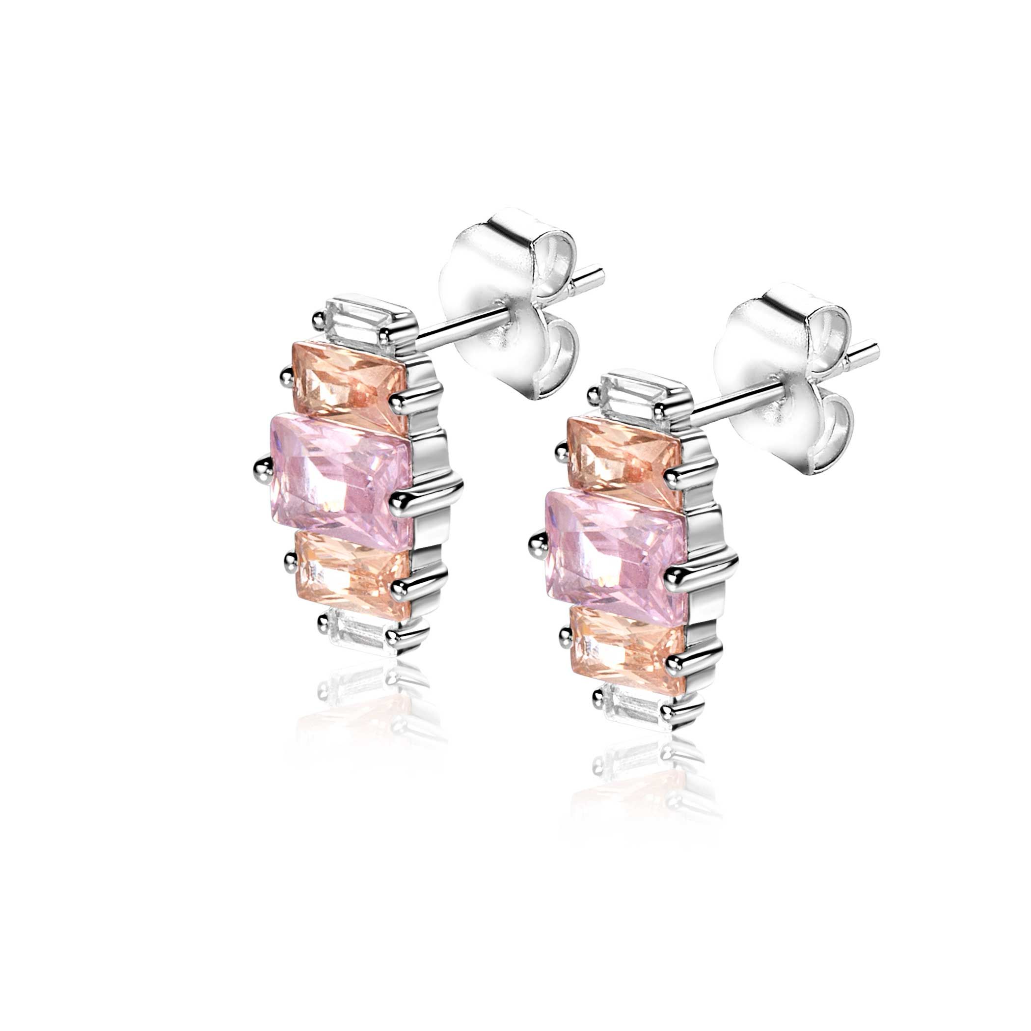 ZINZI zlv. oorknopjes baquette roze/champ/wit zirc.