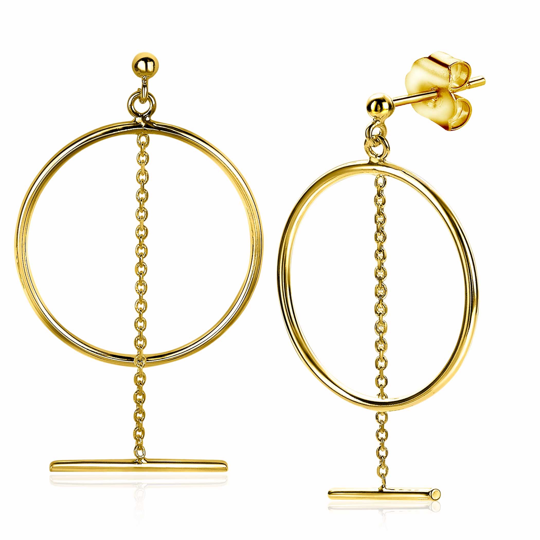 ZINZI silberne große offene runde Ohrringe  55 mm in 14K gelb vergoldet mit Kette und Stab ZIO2098