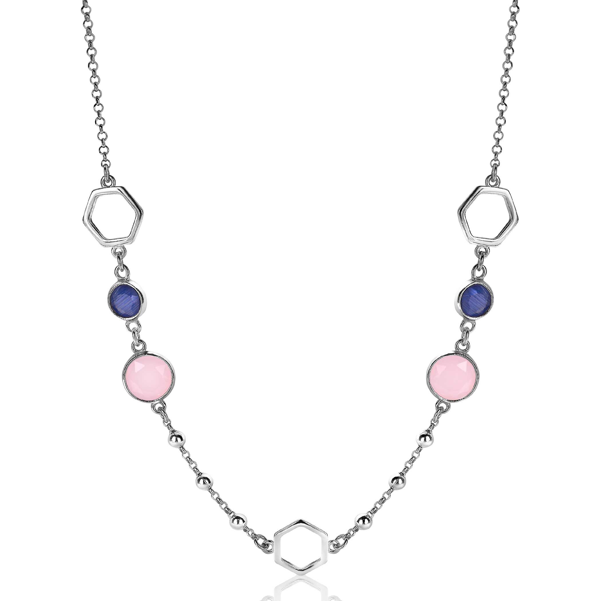 ZINZI silberne Fantasie Kette 45cm Sechseck blau rosa rund ZIC2002