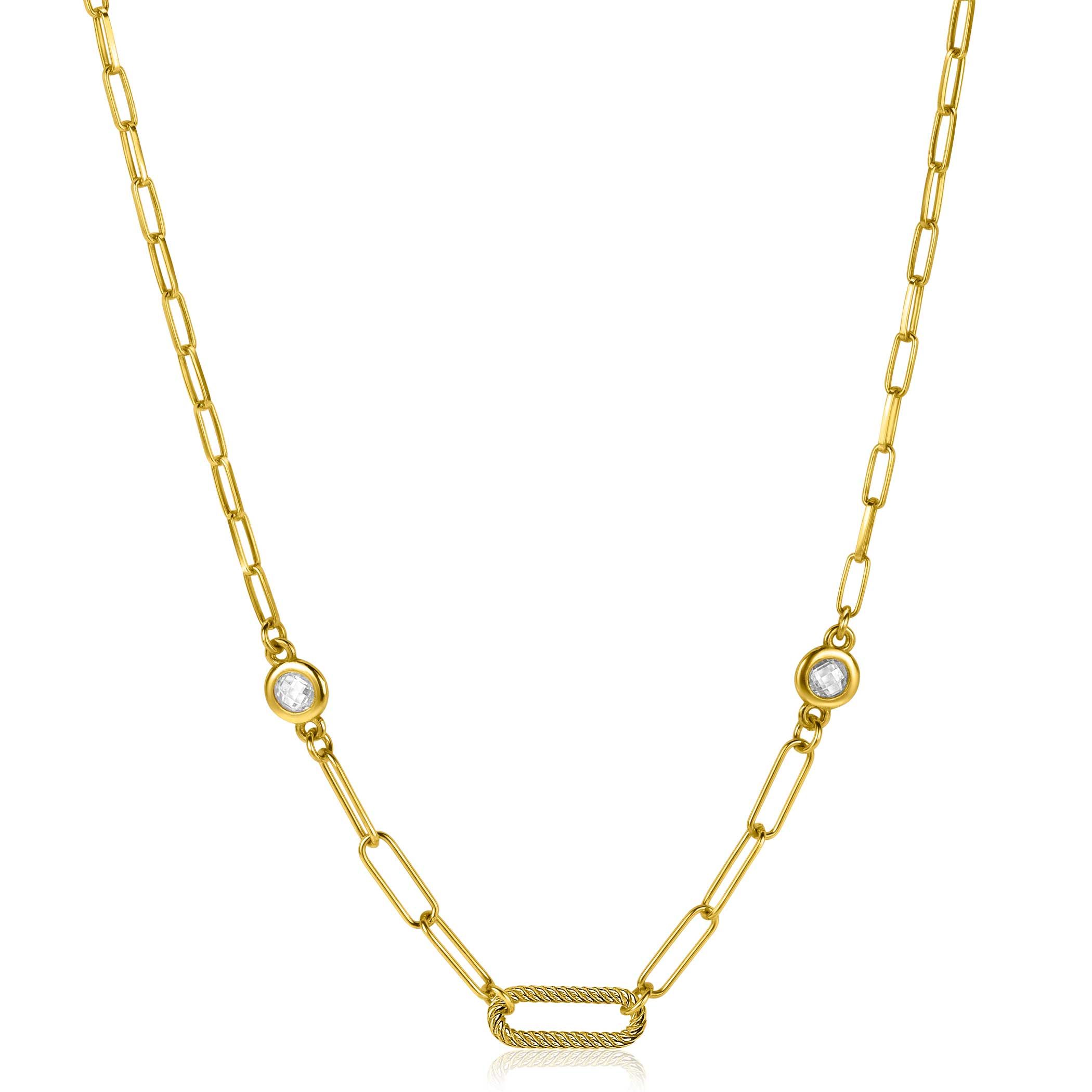 ZINZI Silberkette 14 Karat gelbvergoldet Paperclip Glieder mit weißen runden Zirkonias 42-45cm ZIC2264G