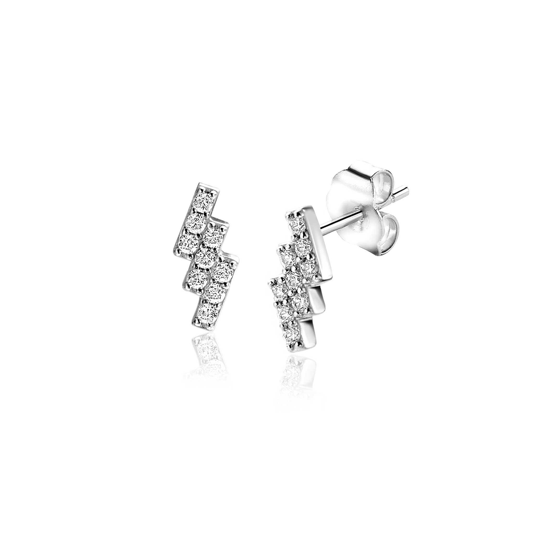 ZINZI zlv. oorknopjes zigzag bezet met zirconia's