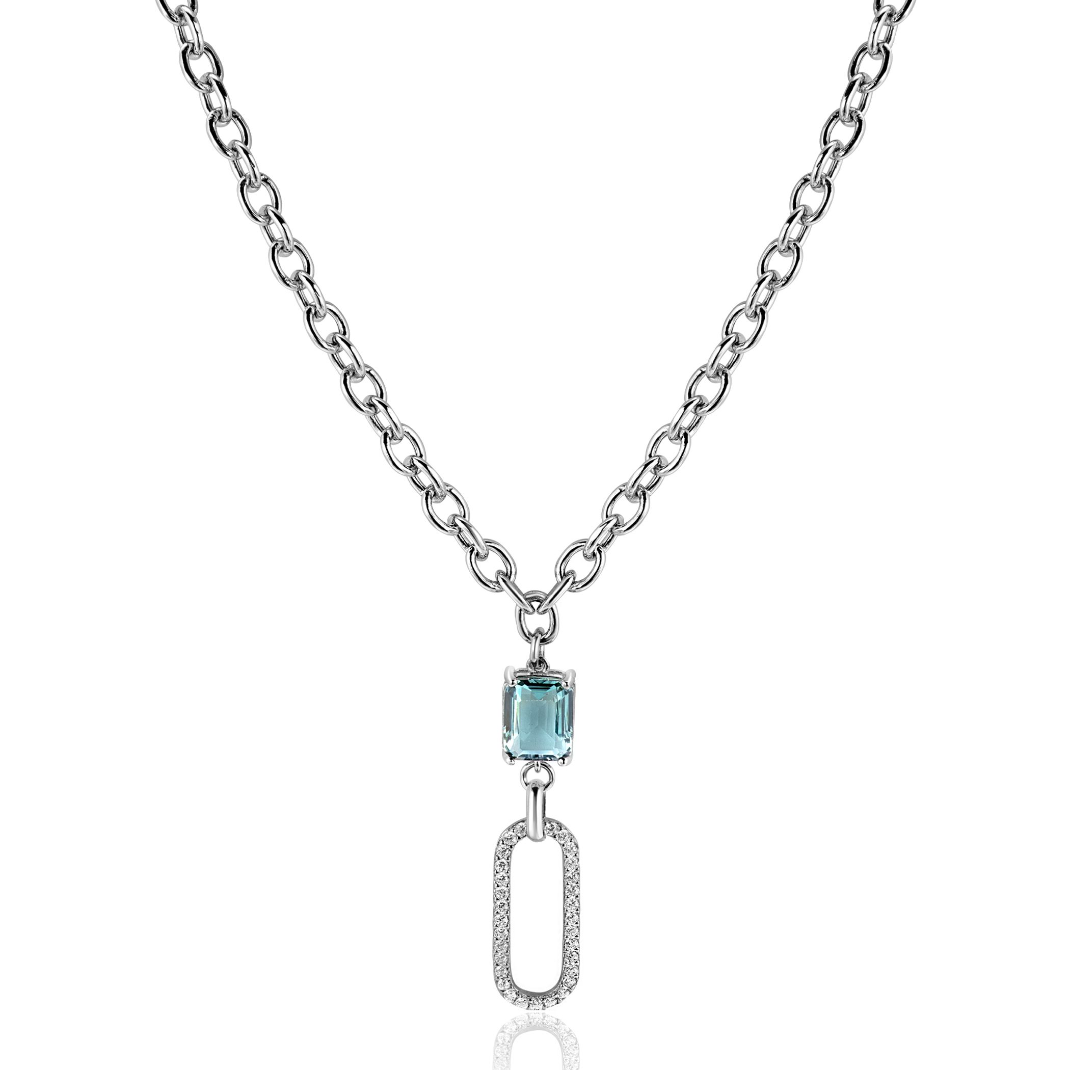 ZINZI zlv. collier/hanger ovale met zirc. en petrol cz