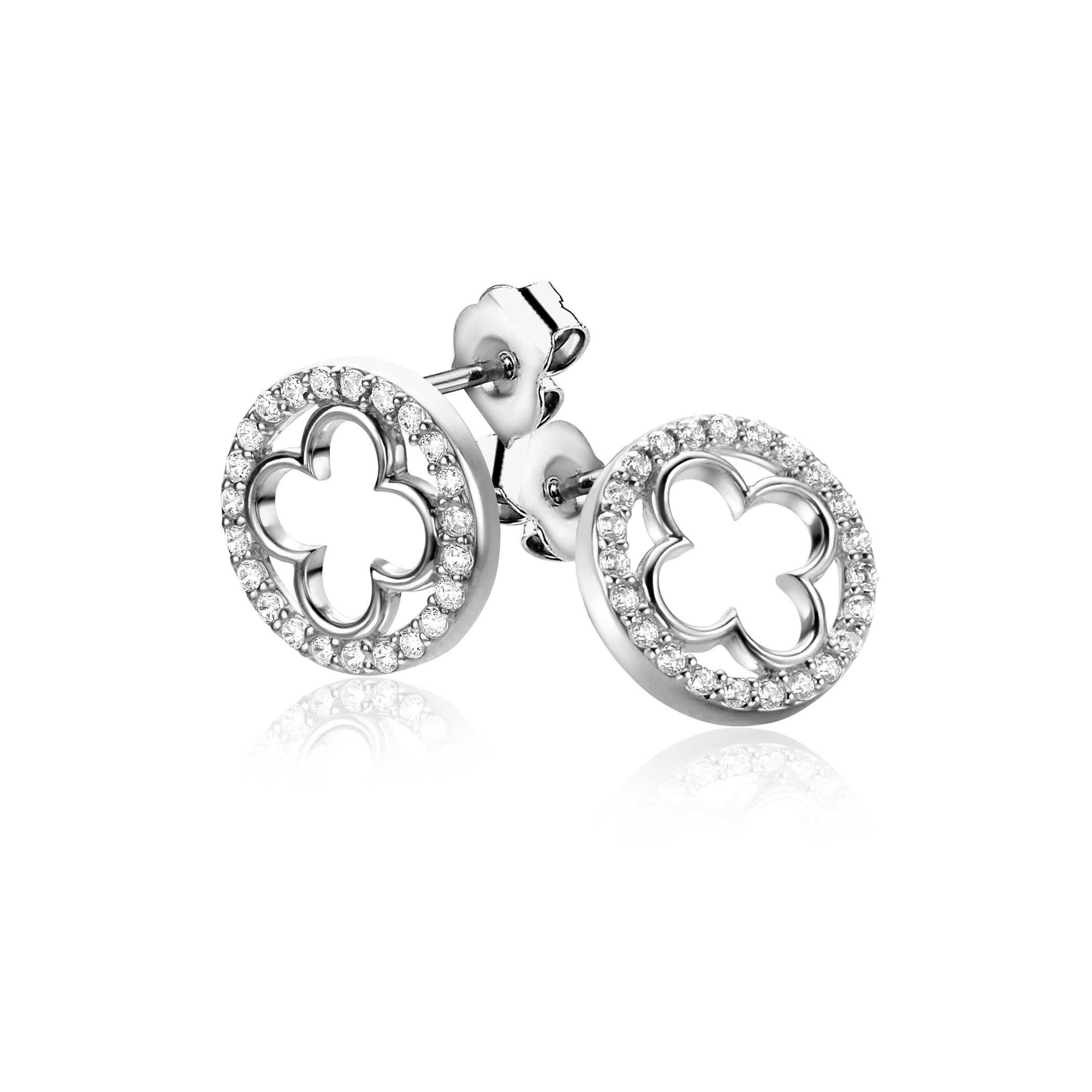 11mm ZINZI Silber-Ohrstecker Kleeblatt mit runder Kante, besetzt mit weißen Zirkoniasteinen ZIO-BF116